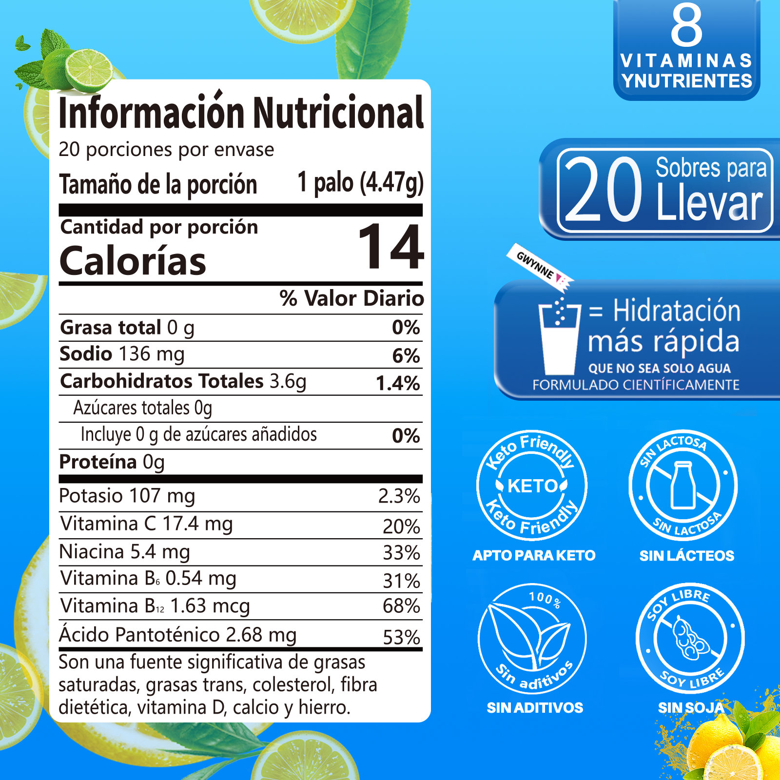 Gwynne Multiplicador De Hidratacion Mezcla De Bebida Electrolitica,supercalm Nutricional Bebidas Mixtas En Polvo Con Sodio ,vitamina C Y B12,sabor A Limón 20 Unidade