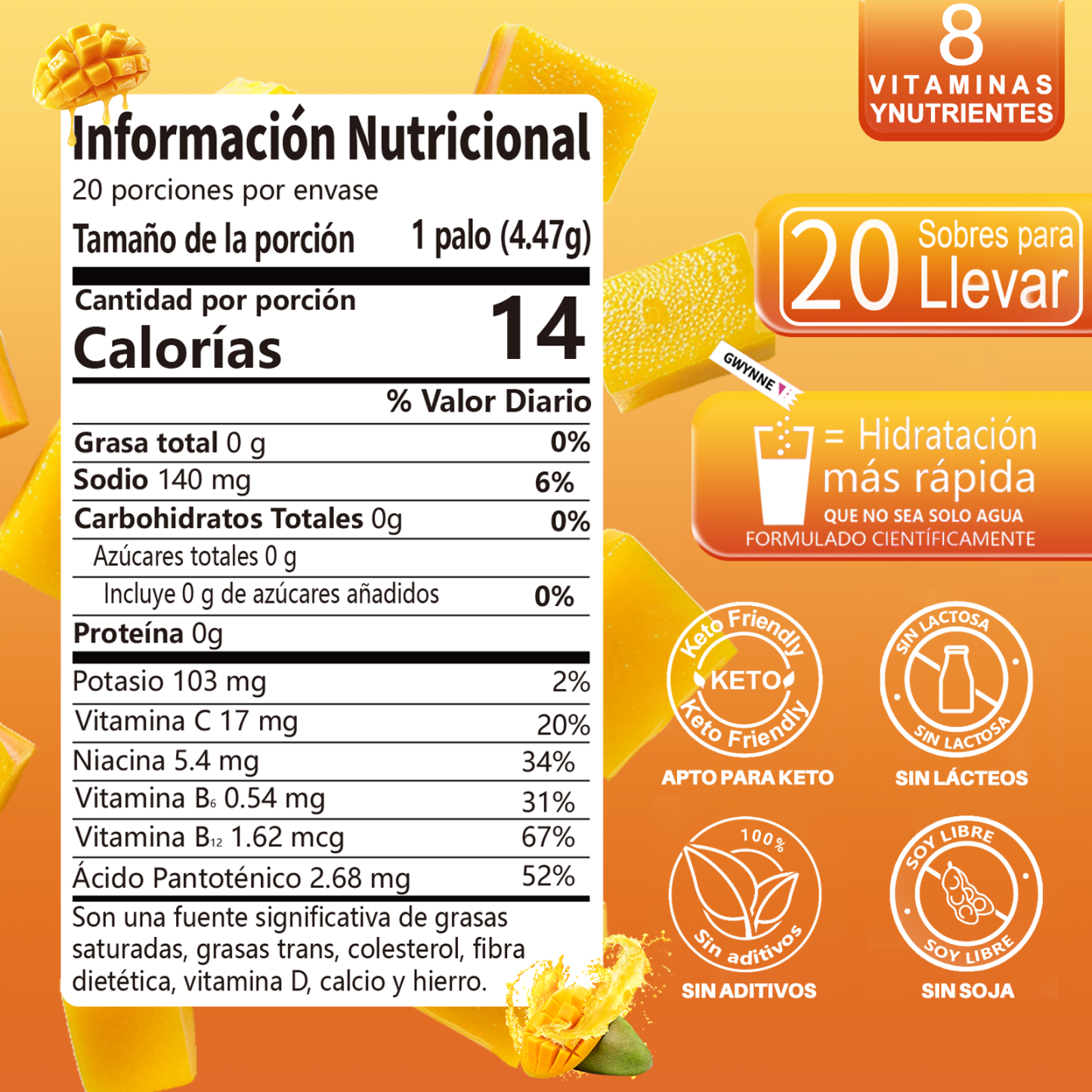 Gwynne Multiplicador De Hidratacion Mezcla De Bebida Electrolitica,supercalm Nutricional Bebidas Mixtas En Polvo Con Sodio ,vitamina C Y B12,sabor A Mango 20 Unidade