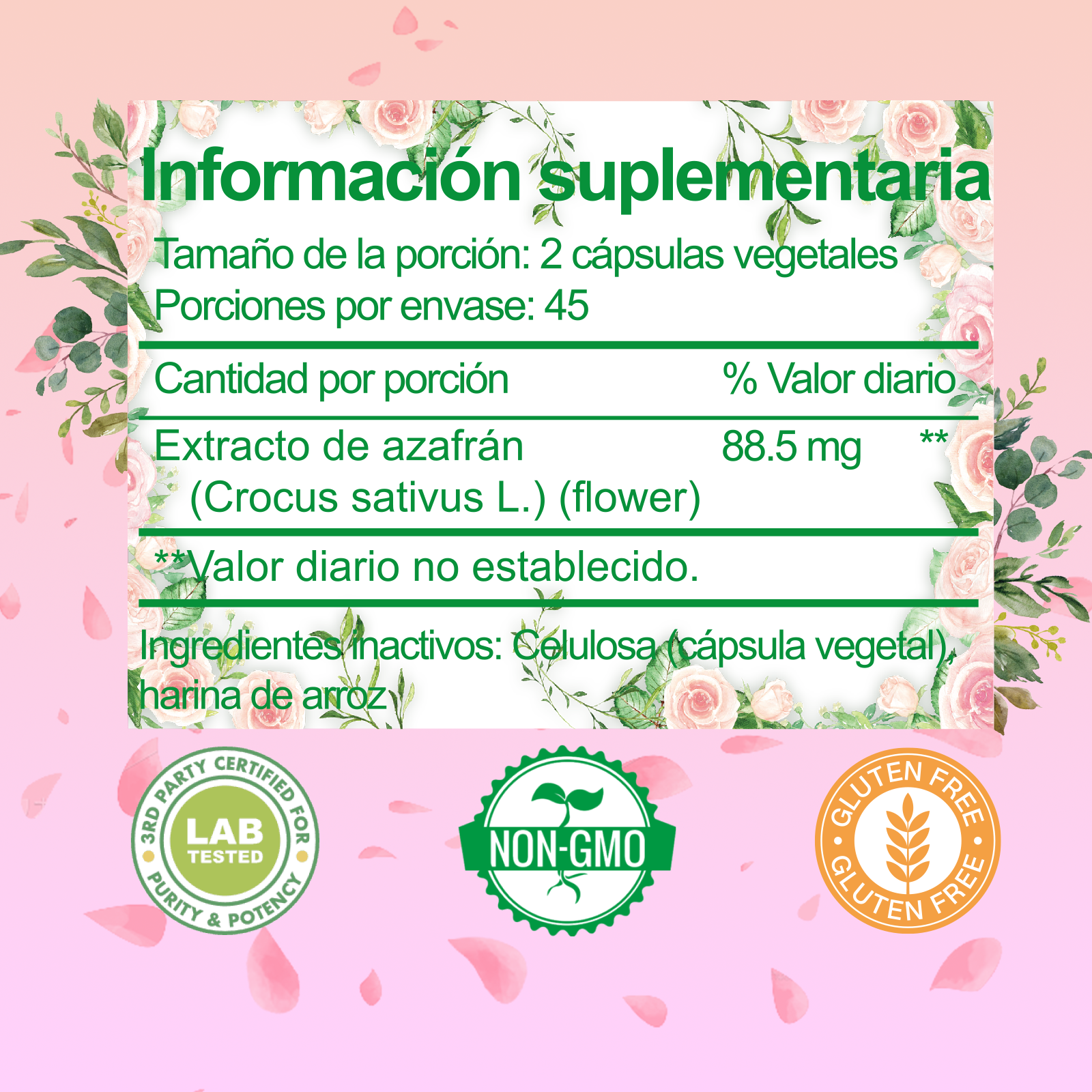 Gwynne Azafrán Puro Orgánico 88.5mg,extracto De Saffron Feliz Para Aumentar La Energía Y El Estado De Ánimo,apoyar La Salud Ocular,90 Cápsulas