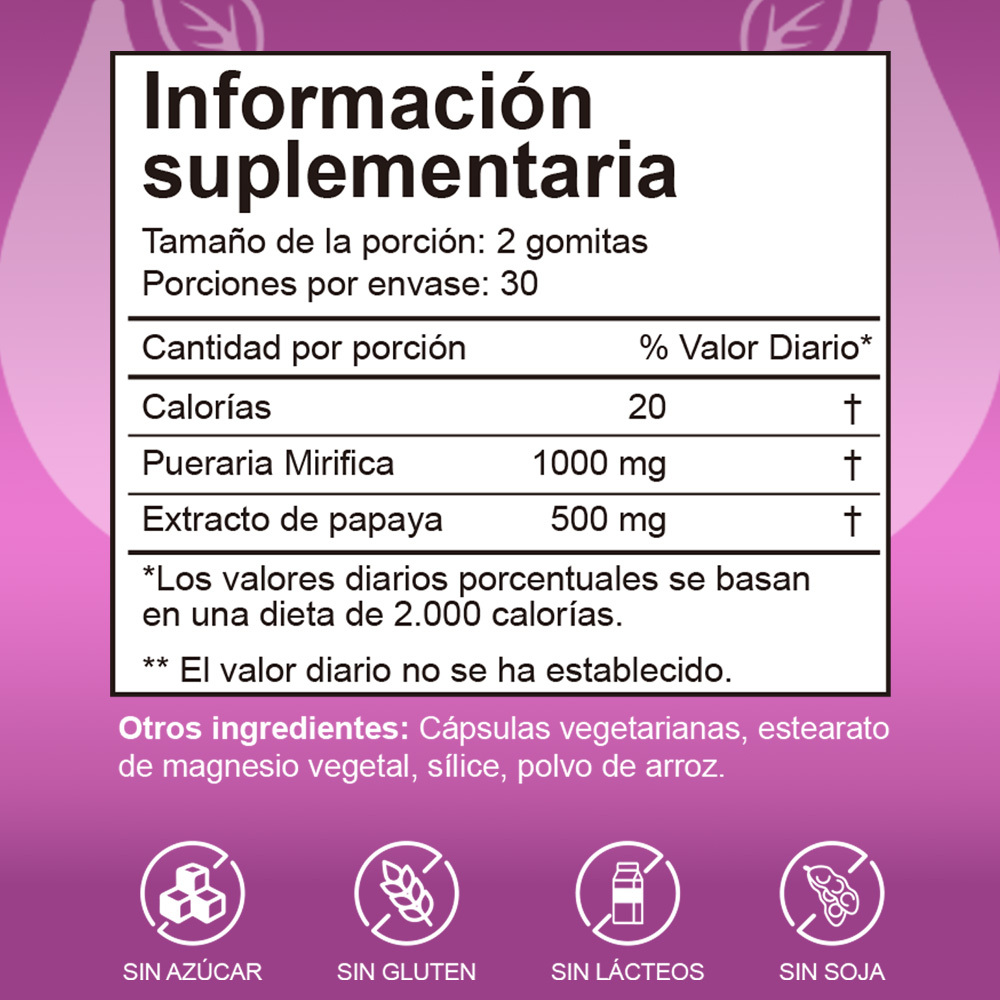 Gwynne Puro Natural Aumento De Mamas Lifting De Glúteos,con Pueraria Mirifica 1000mg Y Extracto De Papaya 500mg,apoyo Al Crecimiento Mamario,piel Sana,estrógeno,60 Gominolas