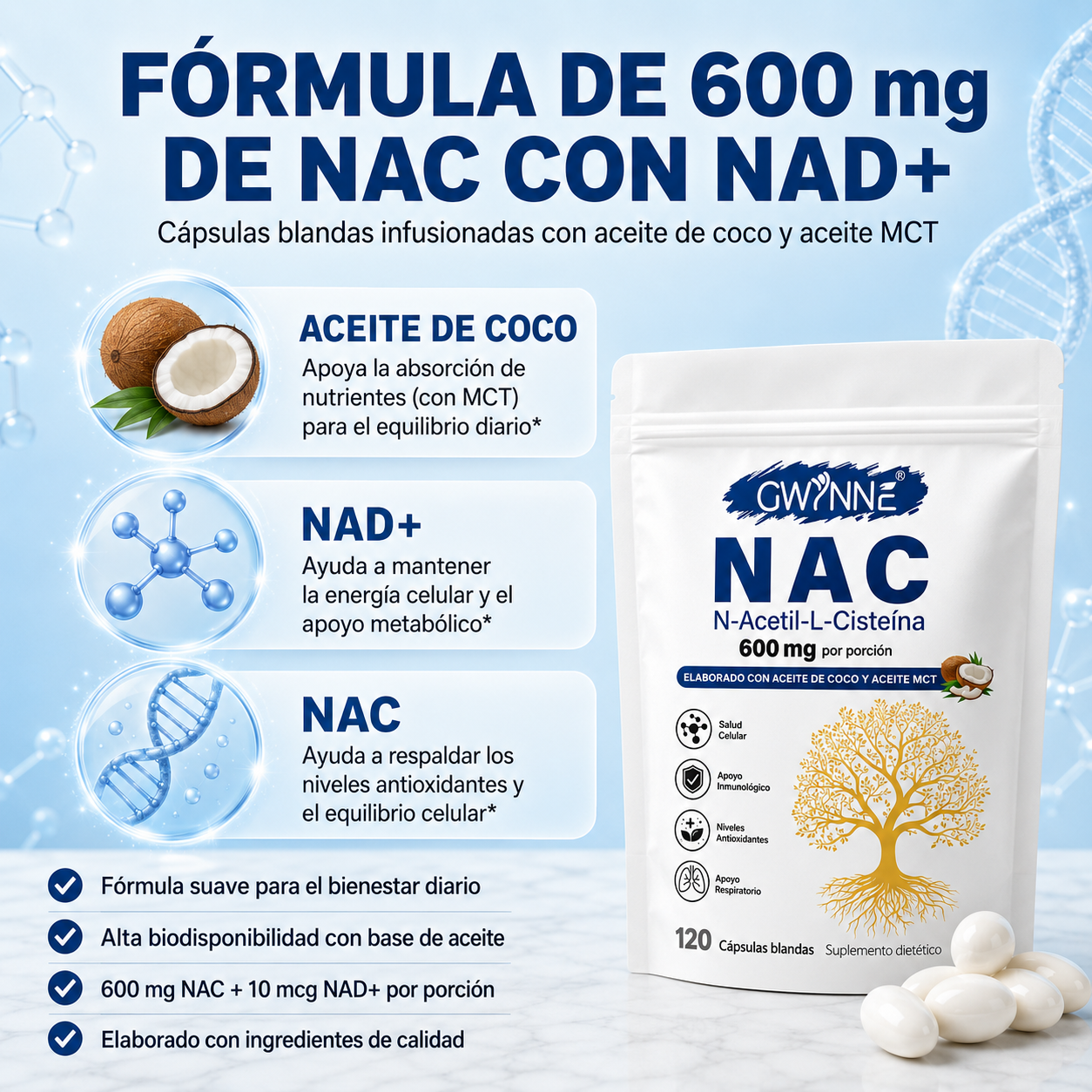 Gwynne Nac N-acetil-l-cisteína 600mg 120 Cápsulas, Con Dinucletido De Adenina Y Nicotinamida,apoyo Antioxidante,inmunológico Y Respiratorio