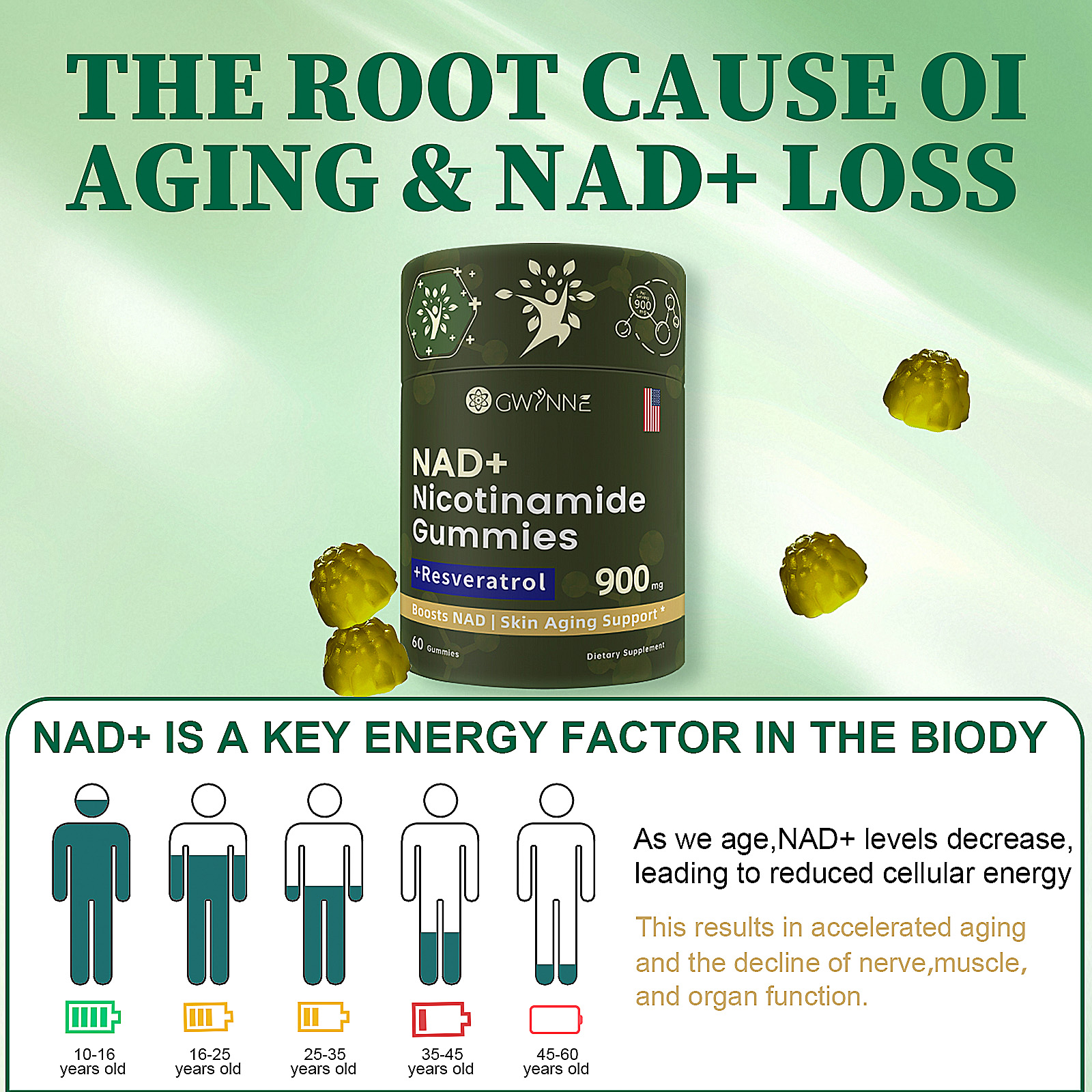 Gwynne Nad+ Suplemento Liposomal De Nicotinamida Ribosida Con Resveratrol Y Quercetina Y NAD 900mg 60 Gominolas