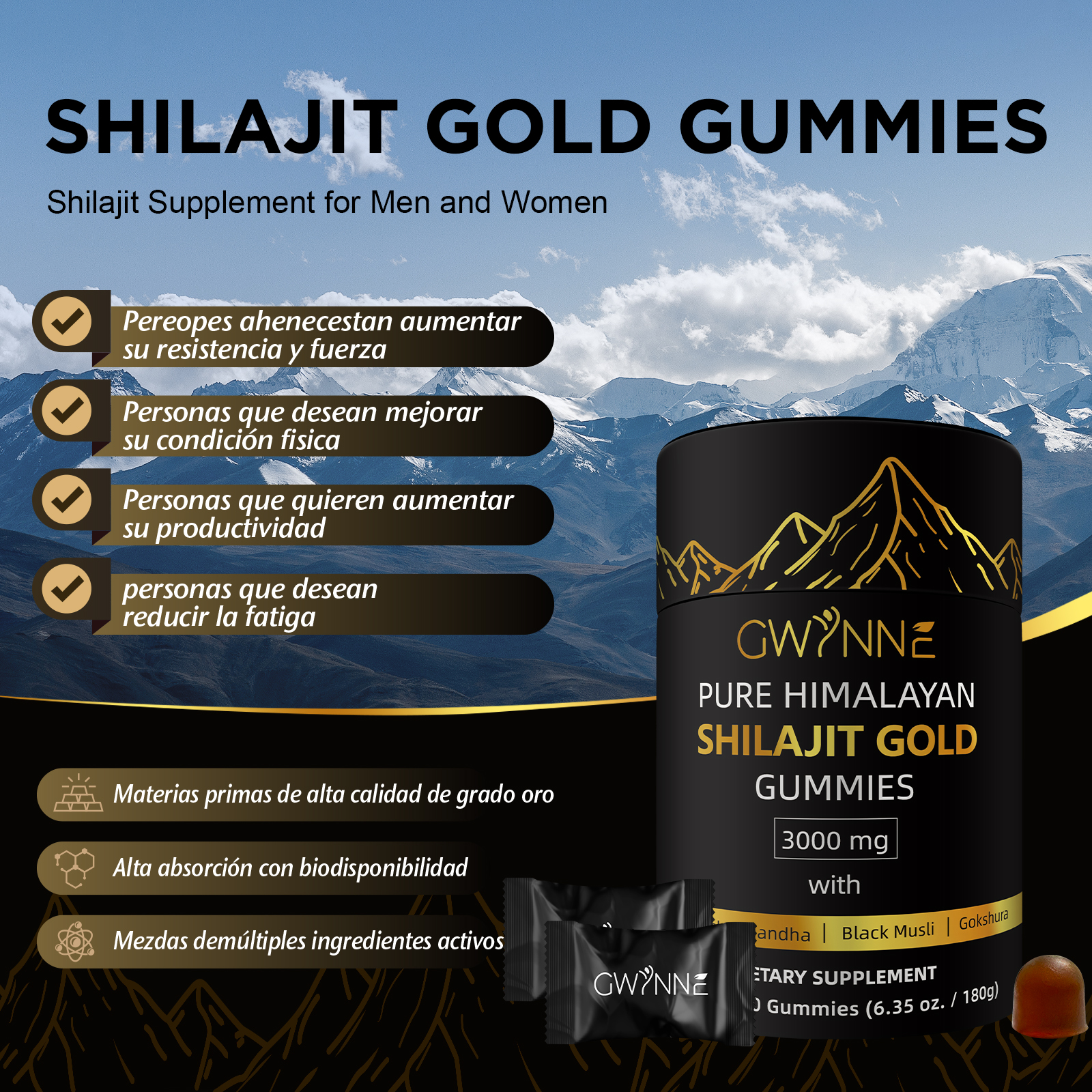 Gwynne Shilajit Gummies Puro Del Himalaya 85 Micronutrientes 3000mg Apto Para Hombres Y Mujeres 100% Natural Orgánico 60 Gommies