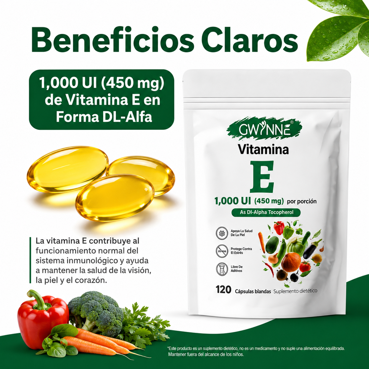 Gwynne Vitamina E 1000 Ui (450mg),as Dl-alpha Tocopherol, Apoyo Aliviar El Estrés,antioxidante Y Salud De La Piel,120 Cápsulas