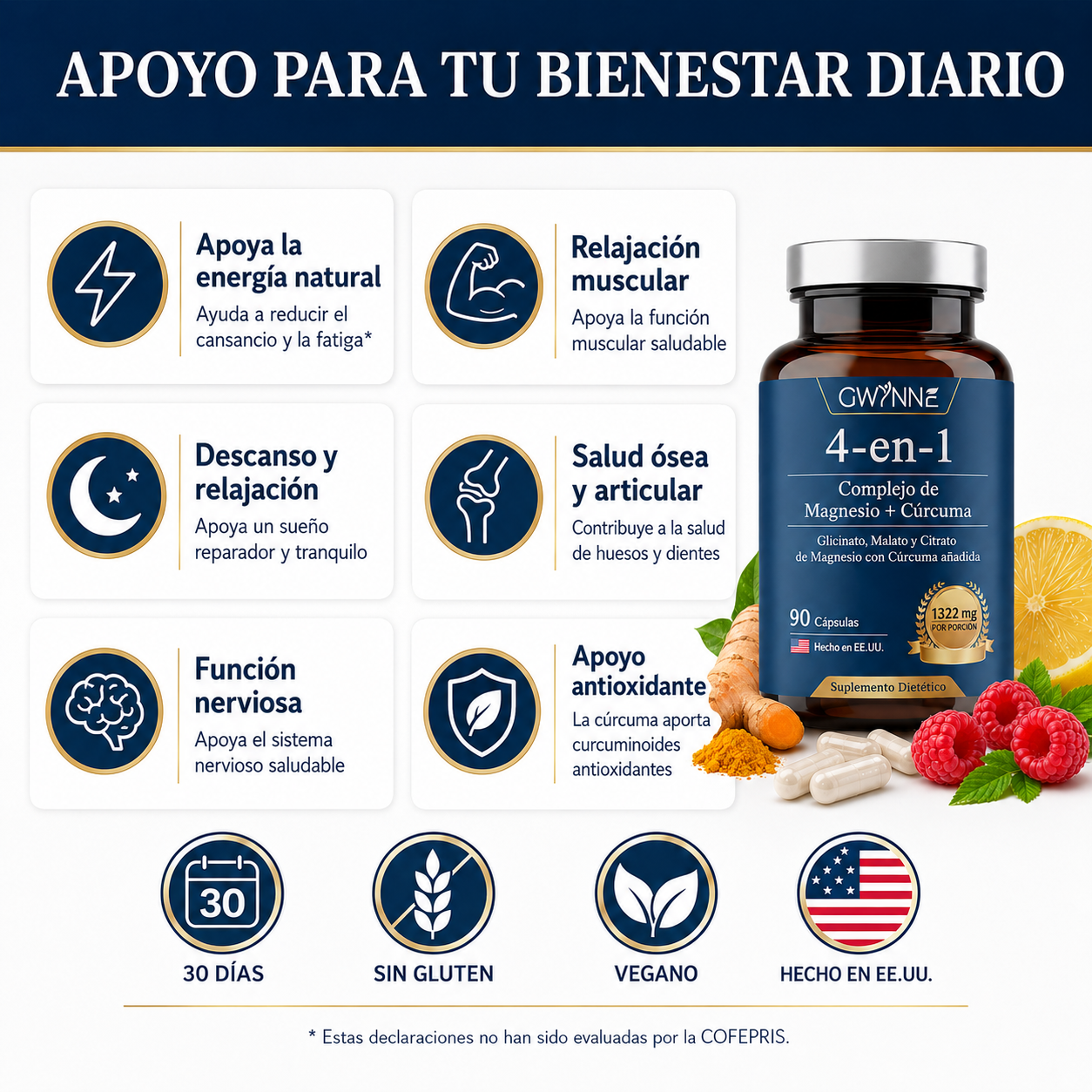 Gwynne 4 En 1 Triple Magnesium Complex:1322mg De Glicinato De Magnesio,malato De Magnesio Y Citrato De Magnesio,2000 Mg De Curcumina,para Fortalecer Los Músculos,los Nervios Y La Energía 90 Cápsulas