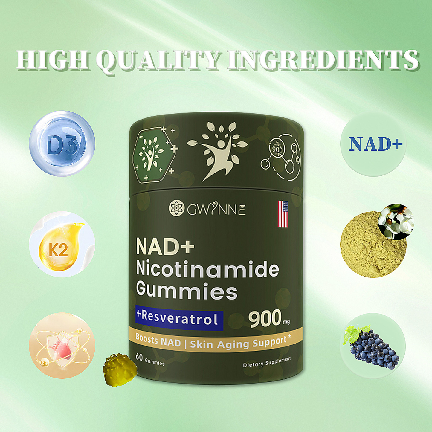 Gwynne Nad+ Suplemento Liposomal De Nicotinamida Ribosida Con Resveratrol Y Quercetina Y NAD 900mg 60 Gominolas