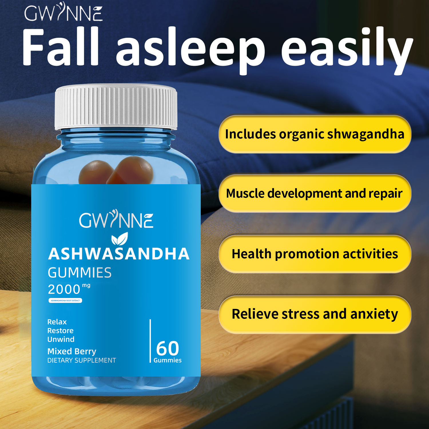 Gwynne Gominolas De Vitaminas Con Sabor A Bayas Mixtas,reduce El Estrés, Favorece El Sueño Y Mejora La Calidad De Vida 60 Gominolas