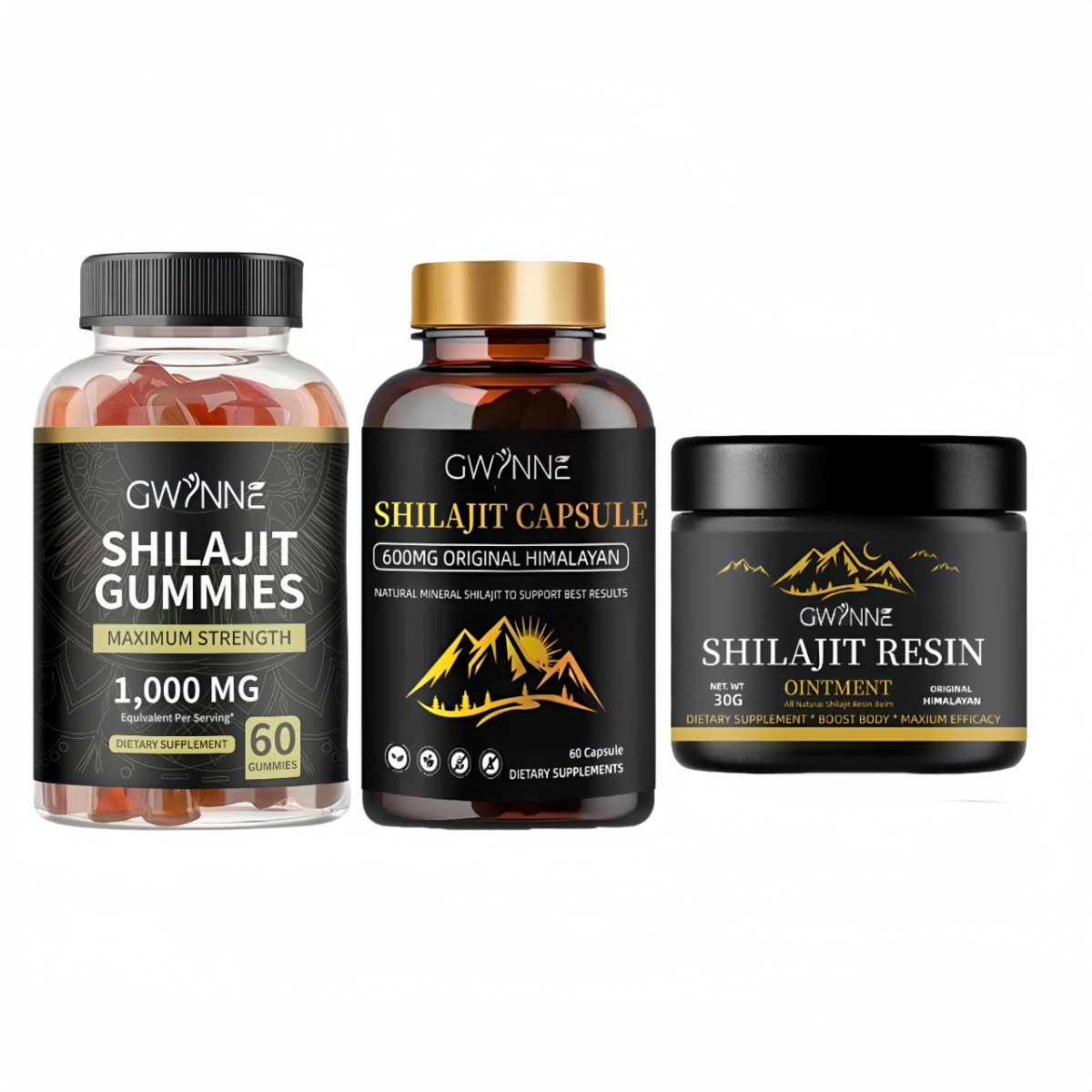Gwynne Shilajit Resina Natural Pura Orgánica Del Himalaya 30g + Gomitas De Shilajit 60 Unidades Sabor A Frambuesa Y Sandía + Charaji Cápsulas 60pcs