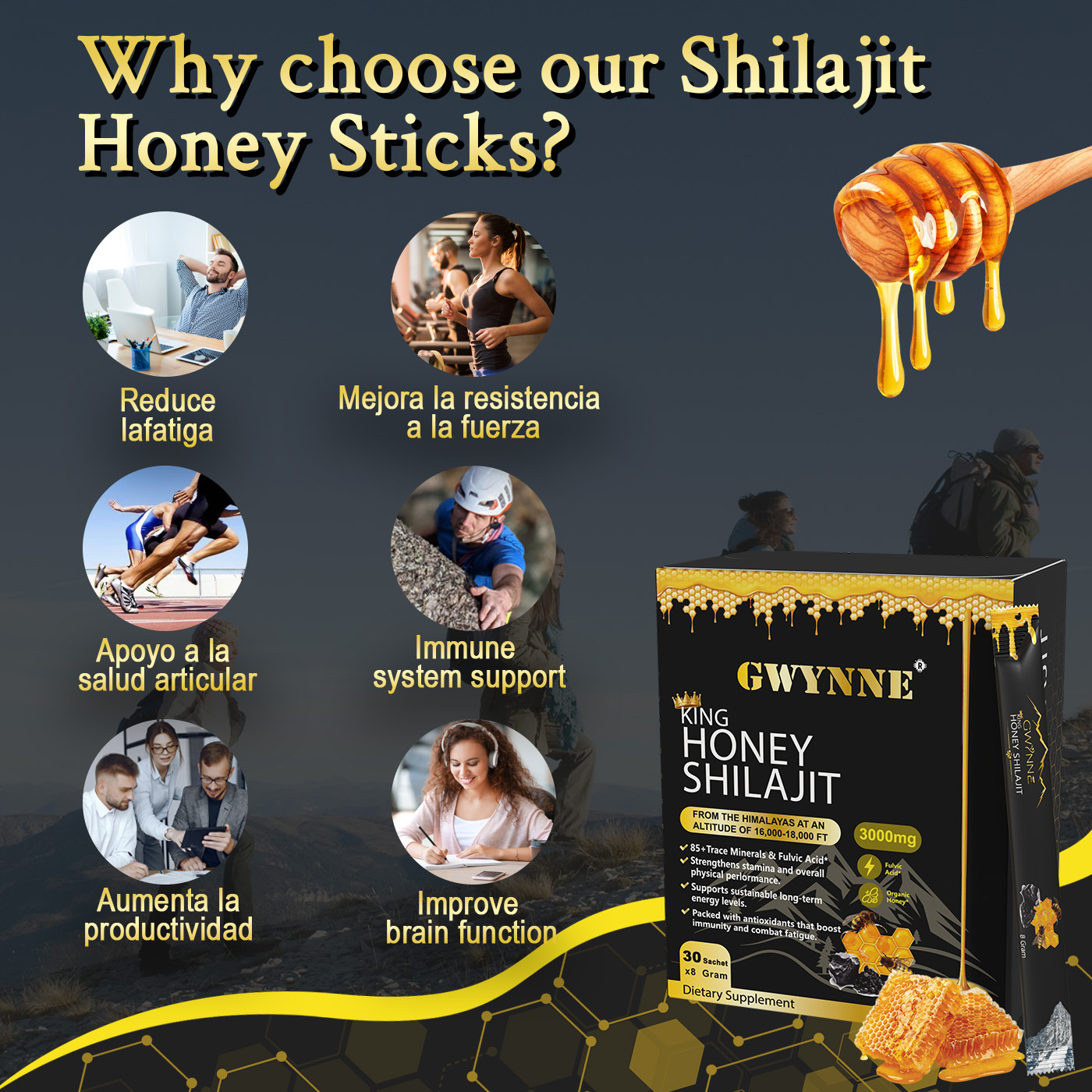 Gwynne Shilajit Honey Sticks Suplementos 30 Sticks Puro Del 3000mg Himalaya 85 Micronutrientes Apto Para Hombres Y Mujeres 100% Natural Orgánico