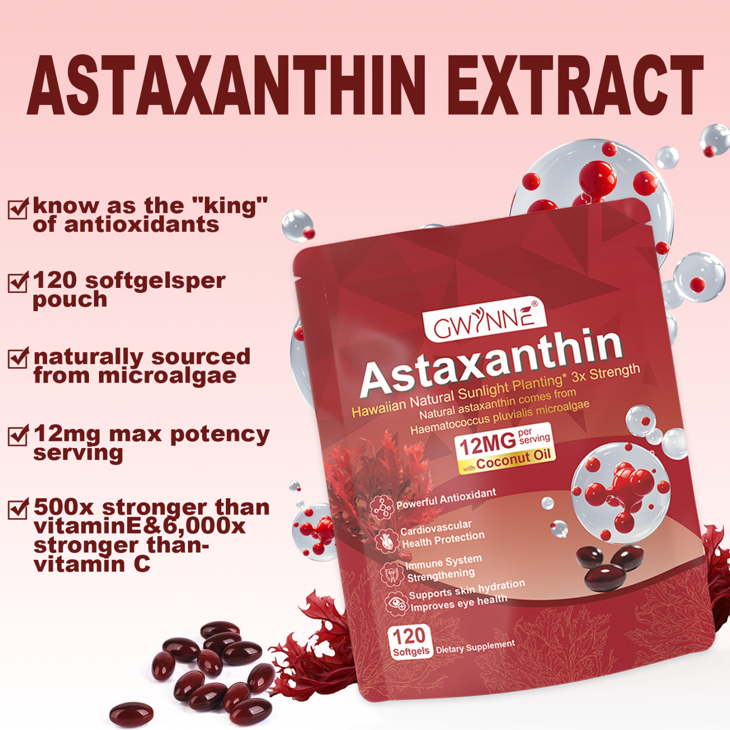 Gwynne Astaxantina 12 Mg 120 Cápsulas,astaxantina Antioxidant From Fresh Haematococcus Pluvialis,apoya La Salud Ocular, Articular Y Cutánea