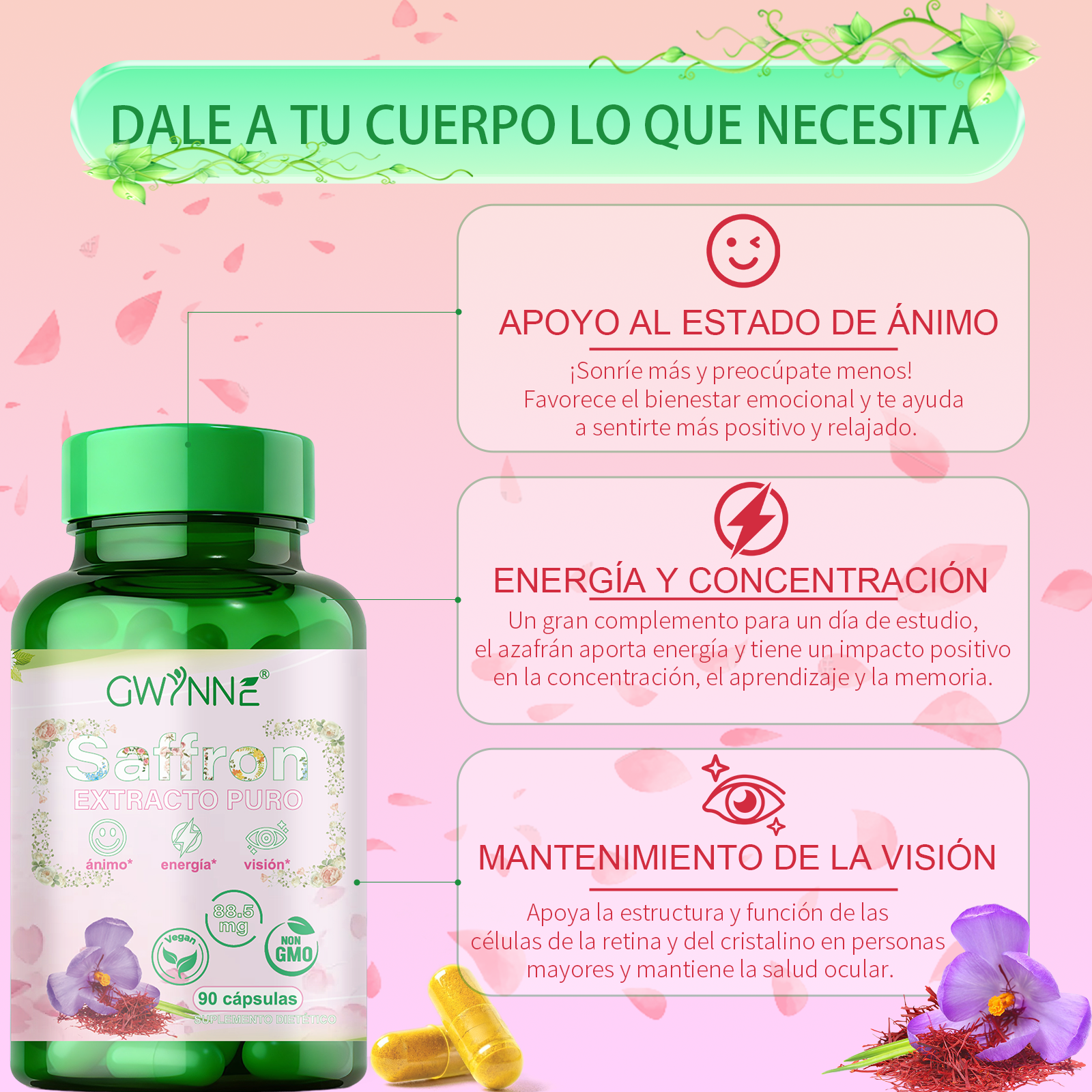 Gwynne Azafrán Puro Orgánico 88.5mg,extracto De Saffron Feliz Para Aumentar La Energía Y El Estado De Ánimo,apoyar La Salud Ocular,90 Cápsulas