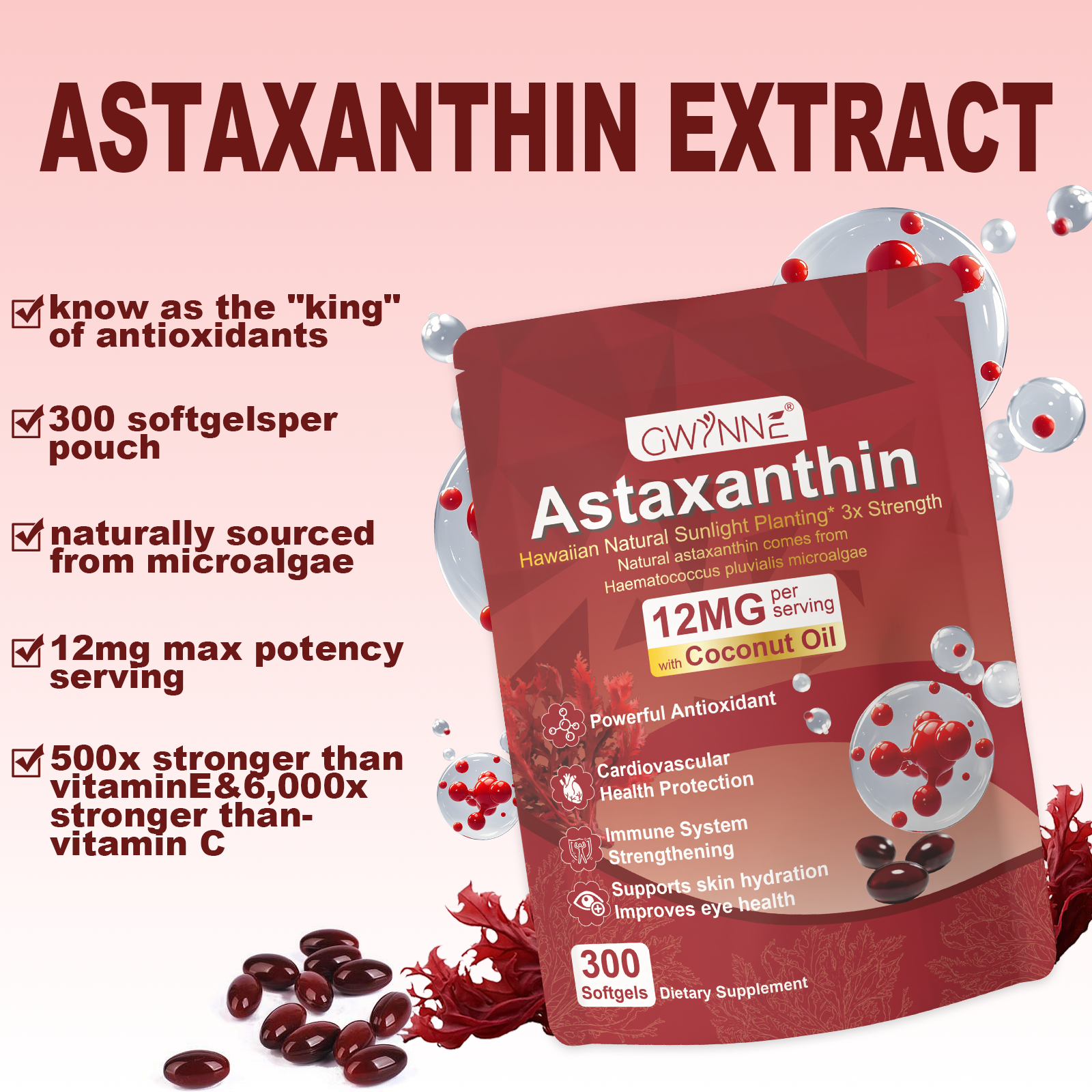 Gwynne Astaxantina 12 Mg 300 Cápsulas Blandas Antioxidante,astaxantina Antioxidant From Fresh Haematococcus Pluvialis,apoya La Salud Ocular, Articular Y Cutánea