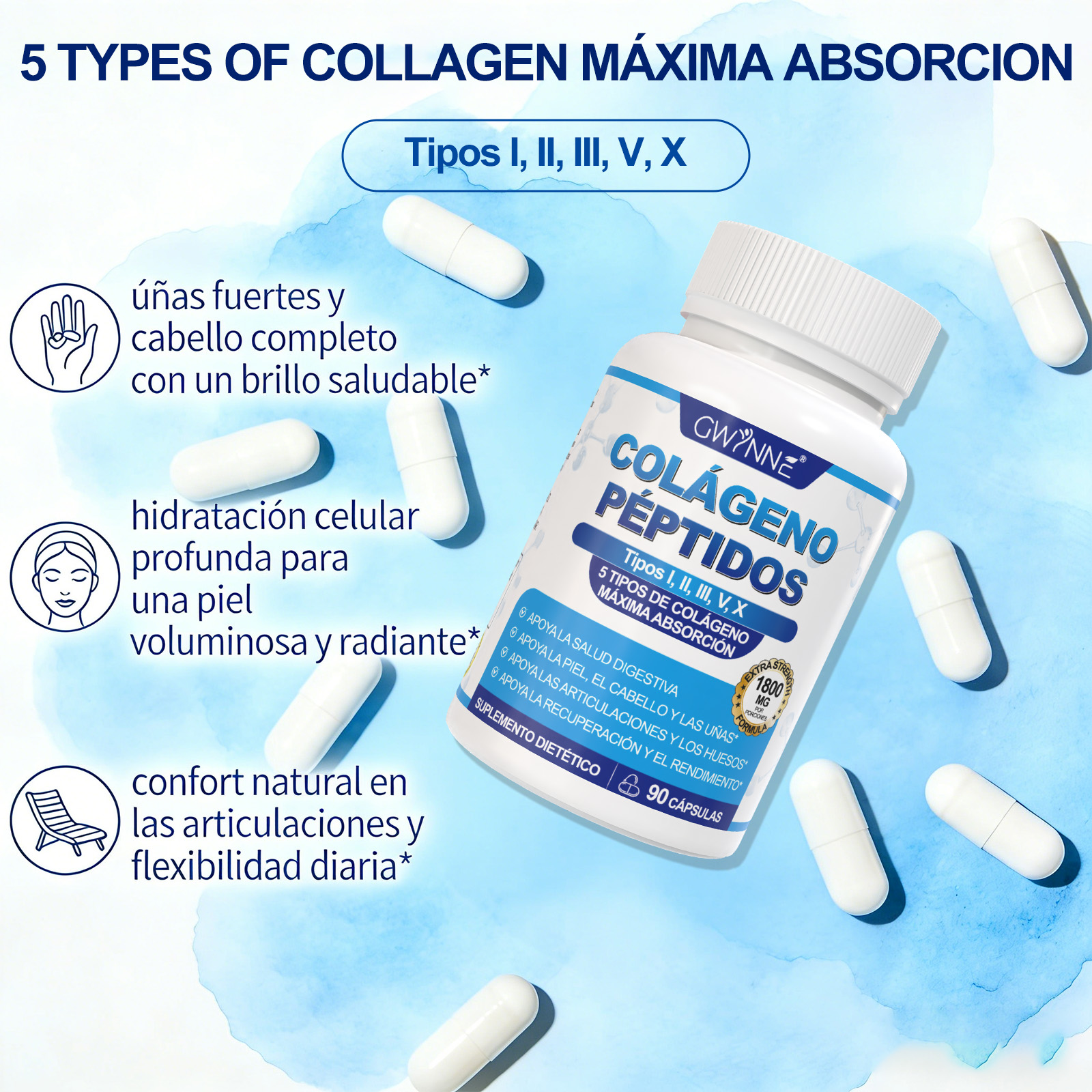 Gwynne Péptidos De Colágeno Múltiples 1800 Mg Complejo 90 Cápsulas-tipo I,ii,iii,v,x Complejo De Colágeno Premium Para Una Mejor Piel Y Cabello,articulación Fuerte,proteína Hidrolizada