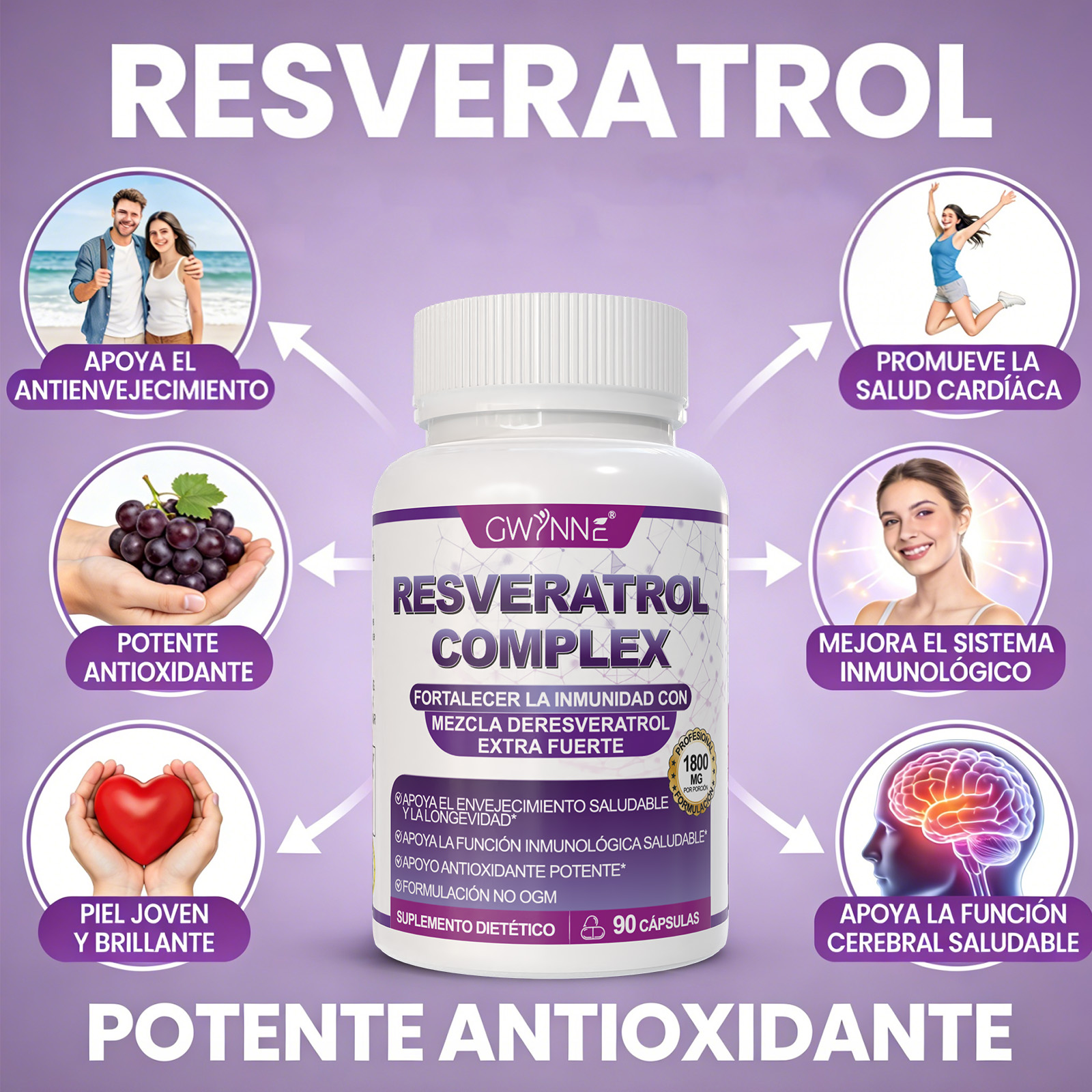 Gwynne Resveratrol Supplement 1800 Mg Complejo Antioxidante 90 Cápsulas,píldoras De Resveratrol Para Envejecimiento Saludable,apoyo A La Salud General,sistema Inmunológico,función Cerebral