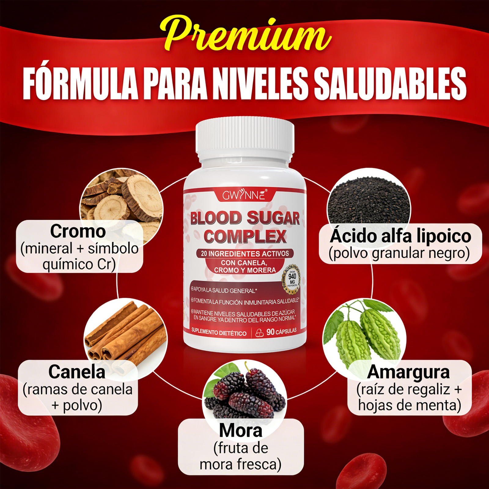 Gwynne Blood Sugar Complex Supplement,apoya Niveles Saludables De Azúcar En La Sangre,ya Dentro Del Rango Normal,con Vitaminac,e,biotina,magnesio,cromo,90 Capsules