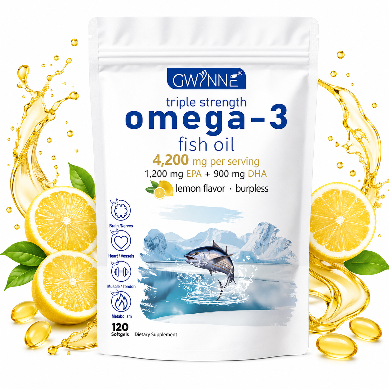 Gwynne Omega 3 Premium 4300mg,bacalao De Aguas Profundas Del Ártico Noruego,que Contienen 1200mg Epa Y 900mg Dha Suplementos Alimentarios Para Apoyar La Salud Física De Mujere Y Hombre 120 Cápsulas