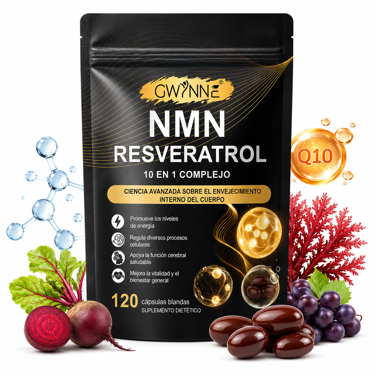 Gwynne Nmn Resveratrol 10 En 1 Complejo 1200mg Suplemento Con Resveratrol,coq10 Y Glutatión,aumentar La Energía Celular, Apoyar La Salud Cerebral Y El Anti-envejecimiento,120 Cápsulas