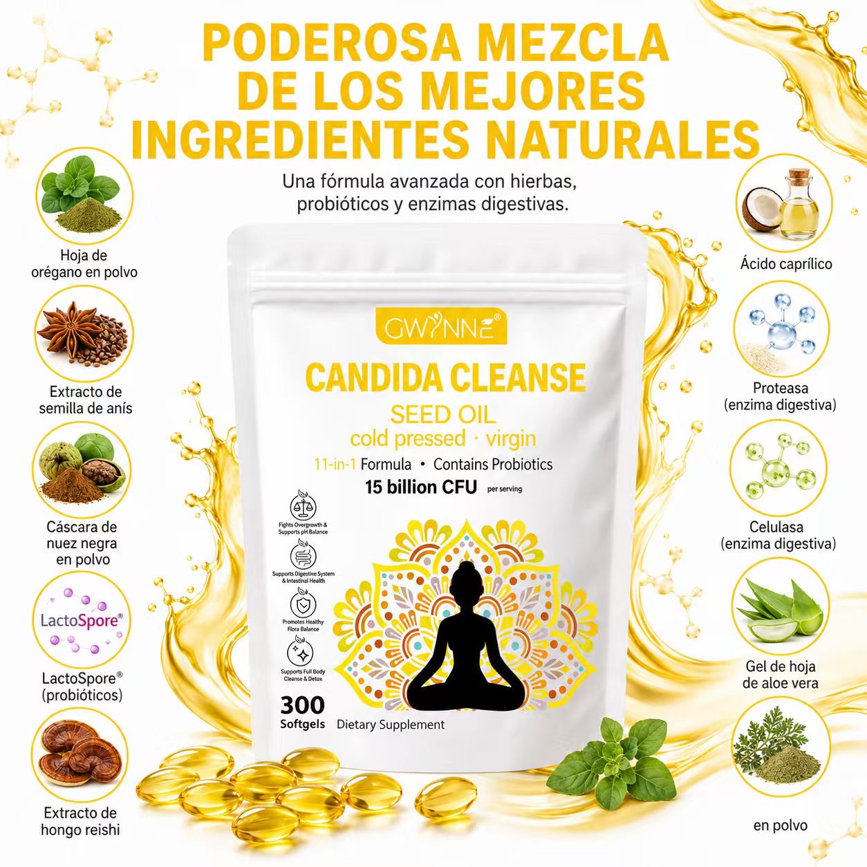 Gwynne Candida Cleanse Seed Oil Cápsulas,hierbas Naturales Para La Desintoxicación Intestinal Con 15 Billion Cfu,300 Cápsulas,11-in-1 Formula Con Hoja De Orégano,ácido Caprílico Y Probiotics