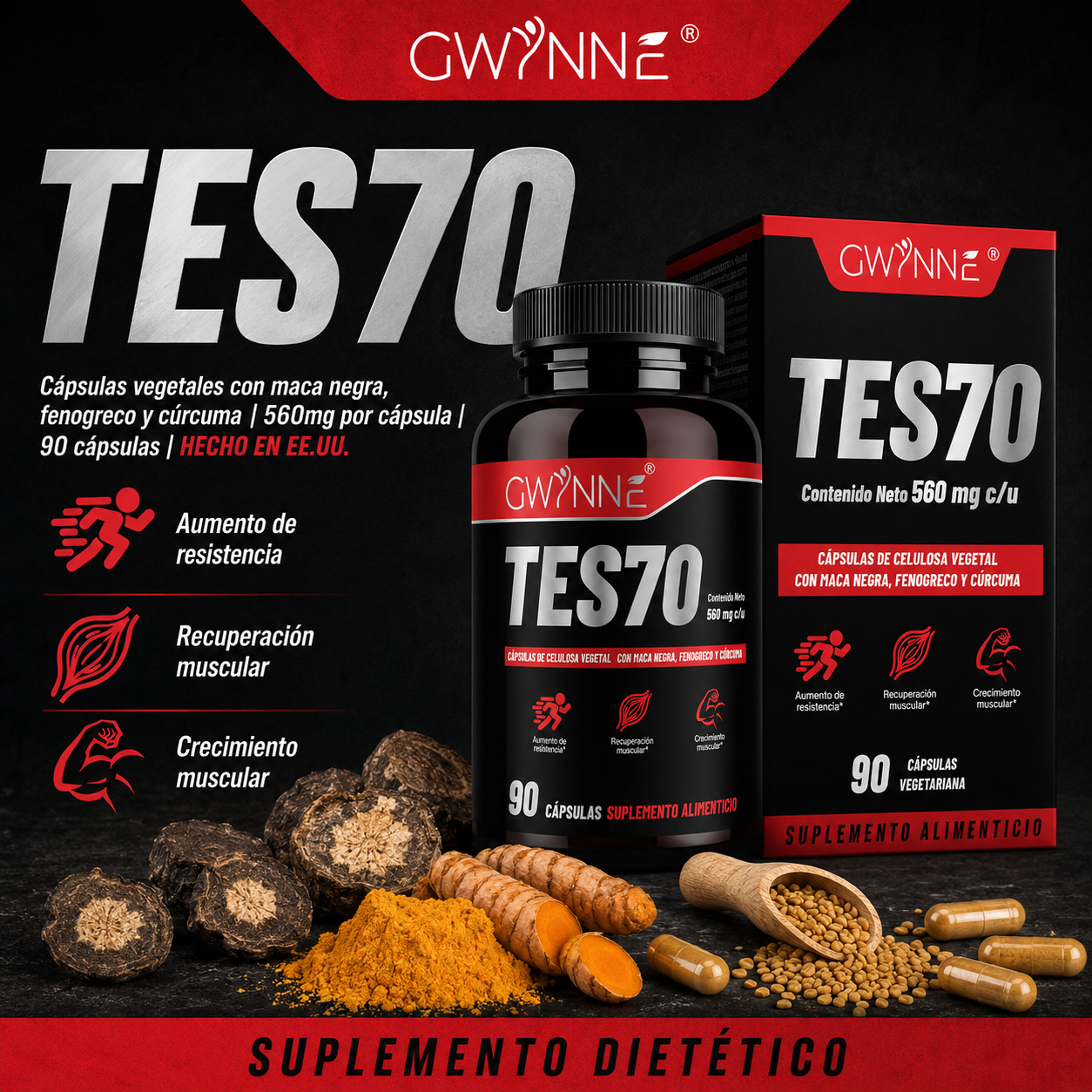 Gwynne Tes70 560mg Con Maca Negra,fenogreco,creatina Y Cúrcuma,aumento De Resistencia, Recuperación Muscular Y Crecimiento Muscular,90 Cápsulas