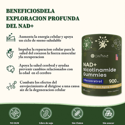 Gwynne Nad+ Suplemento Liposomal De Nicotinamida Ribosida Con Resveratrol Y Quercetina Y NAD 900mg 60 Gominolas