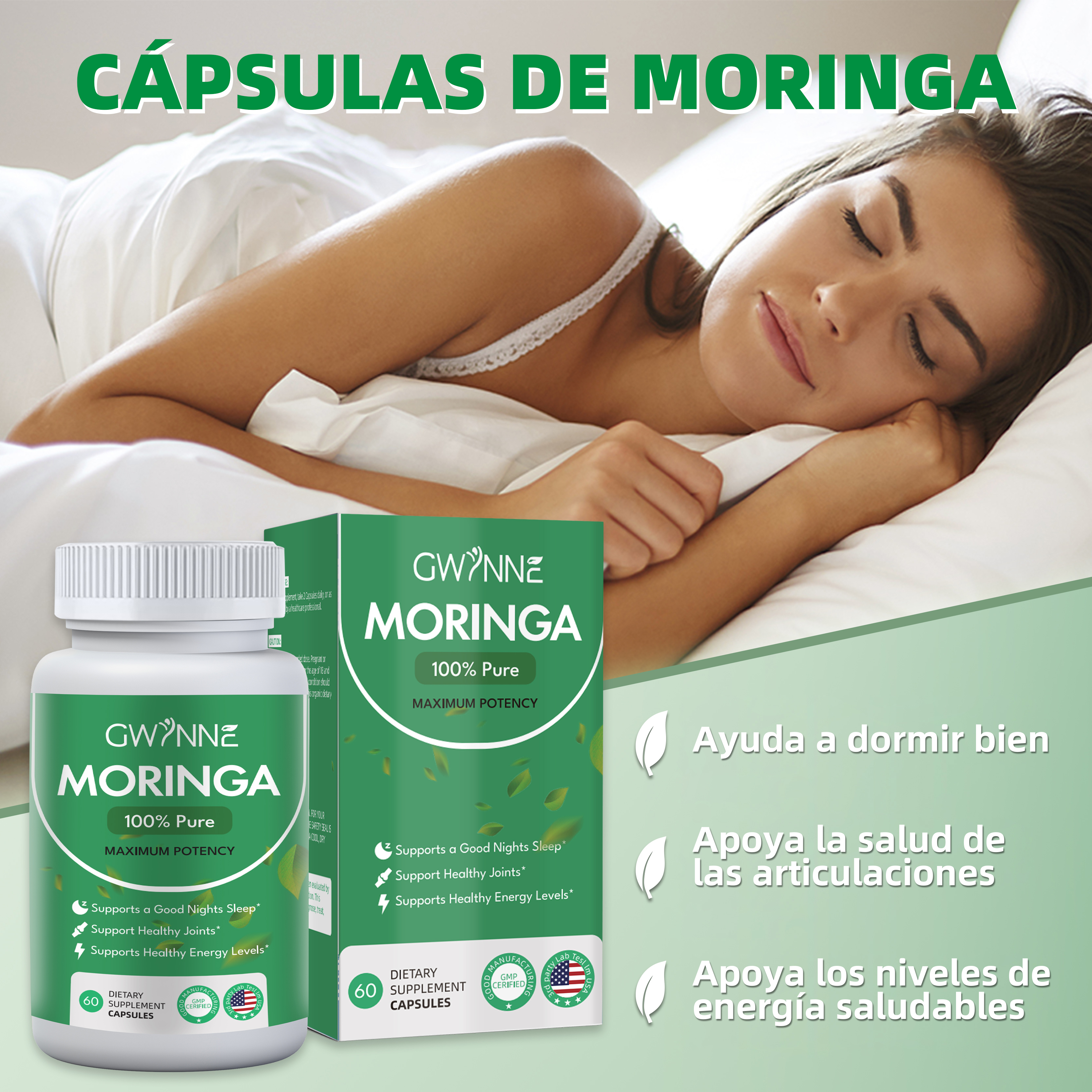 60 Cápsulas Gwynne Moringa Super Alimento Verde Puro Frasco Con Sin Sabor