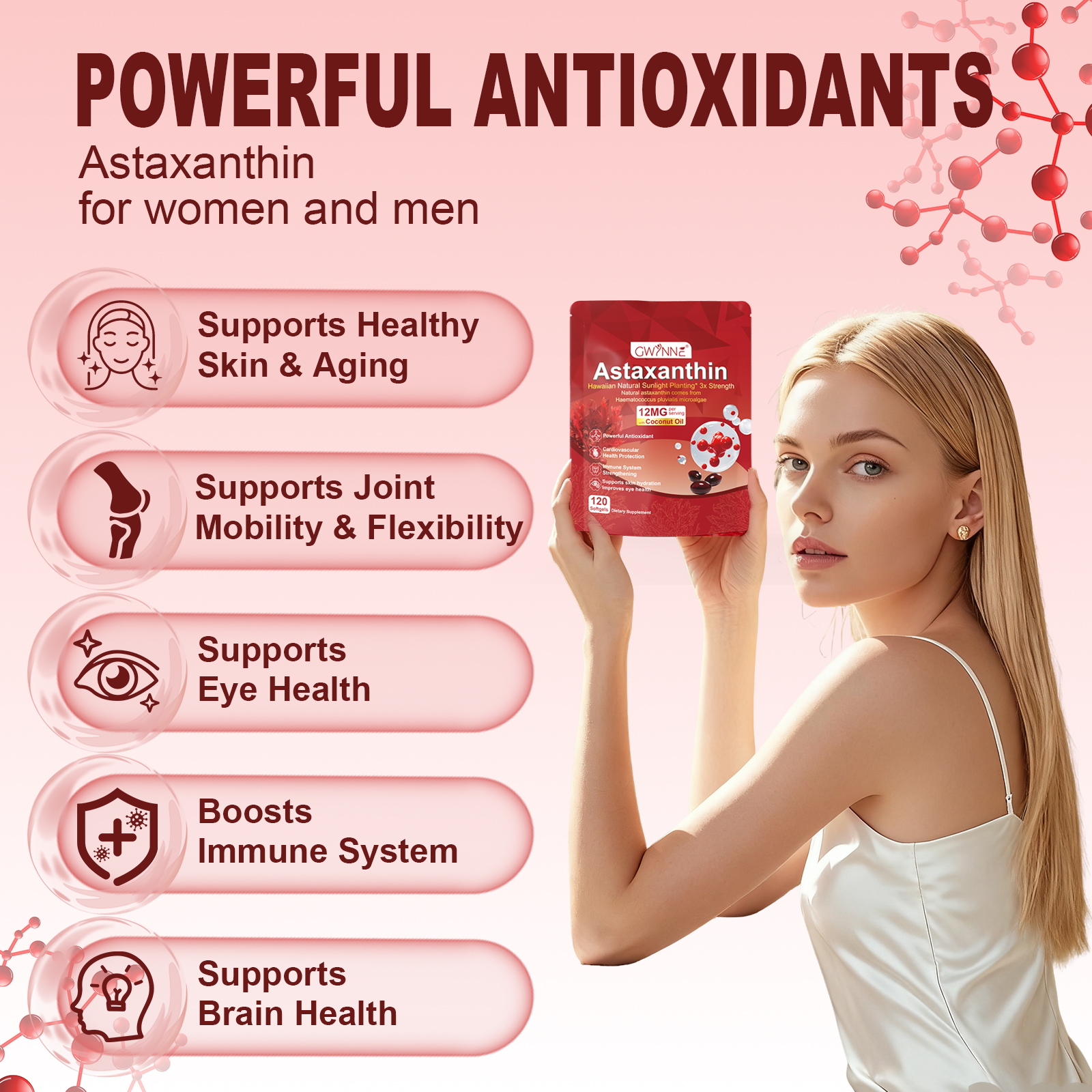 Gwynne Astaxantina 12 Mg 120 Cápsulas,astaxantina Antioxidant From Fresh Haematococcus Pluvialis,apoya La Salud Ocular, Articular Y Cutánea