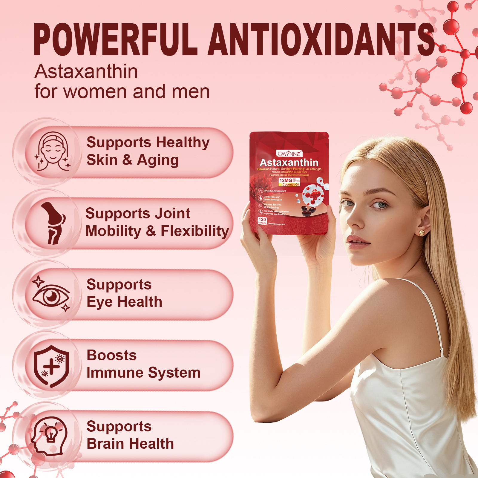 Gwynne Astaxantina 12 Mg 120 Cápsulas,astaxantina Antioxidant From Fresh Haematococcus Pluvialis,apoya La Salud Ocular, Articular Y Cutánea