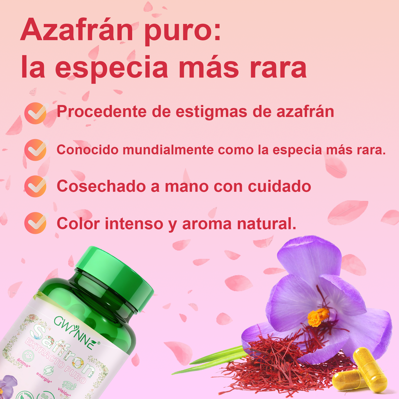 Gwynne Azafrán Puro Orgánico 88.5mg,extracto De Saffron Feliz Para Aumentar La Energía Y El Estado De Ánimo,apoyar La Salud Ocular,90 Cápsulas