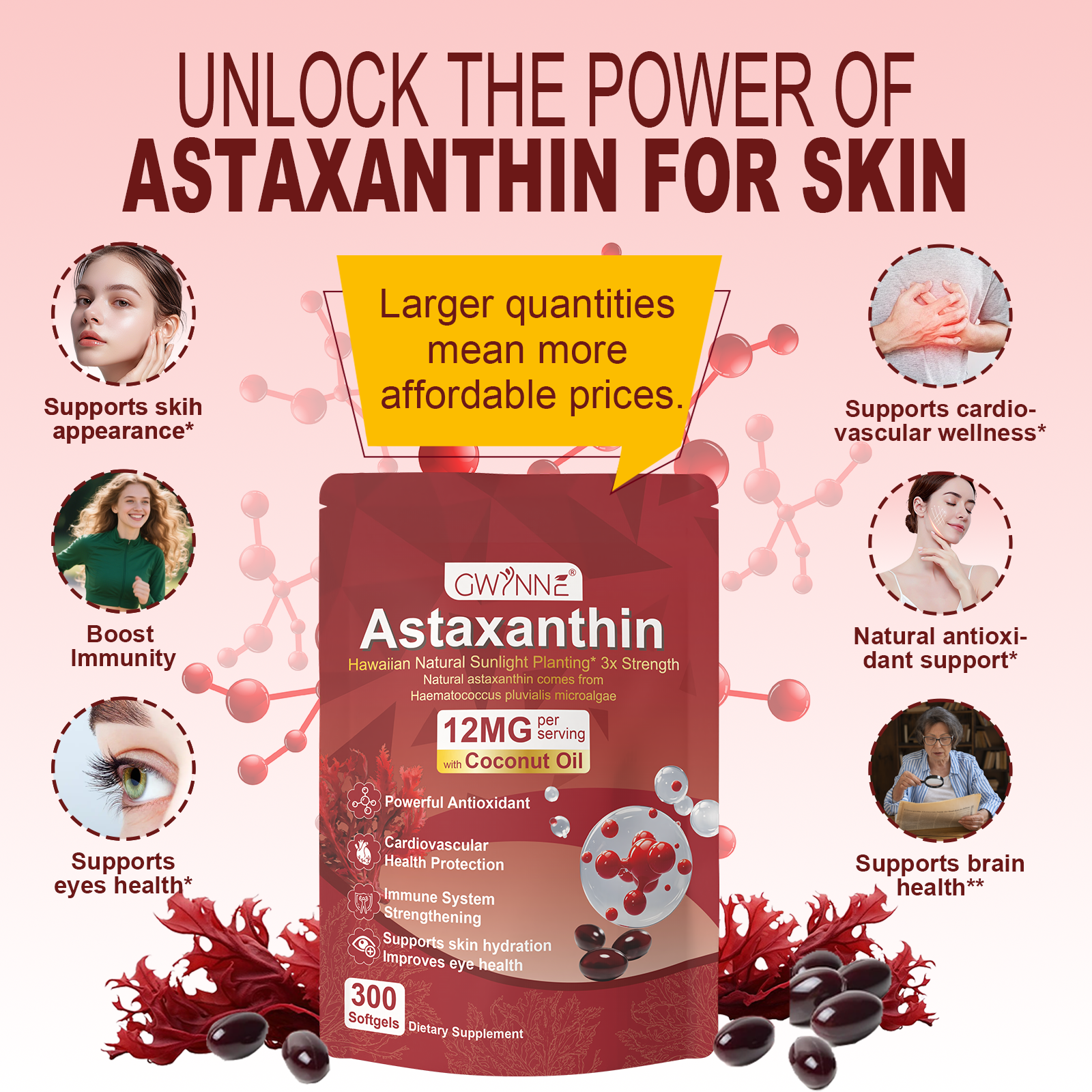 Gwynne Astaxantina 12 Mg 300 Cápsulas Blandas Antioxidante,astaxantina Antioxidant From Fresh Haematococcus Pluvialis,apoya La Salud Ocular, Articular Y Cutánea