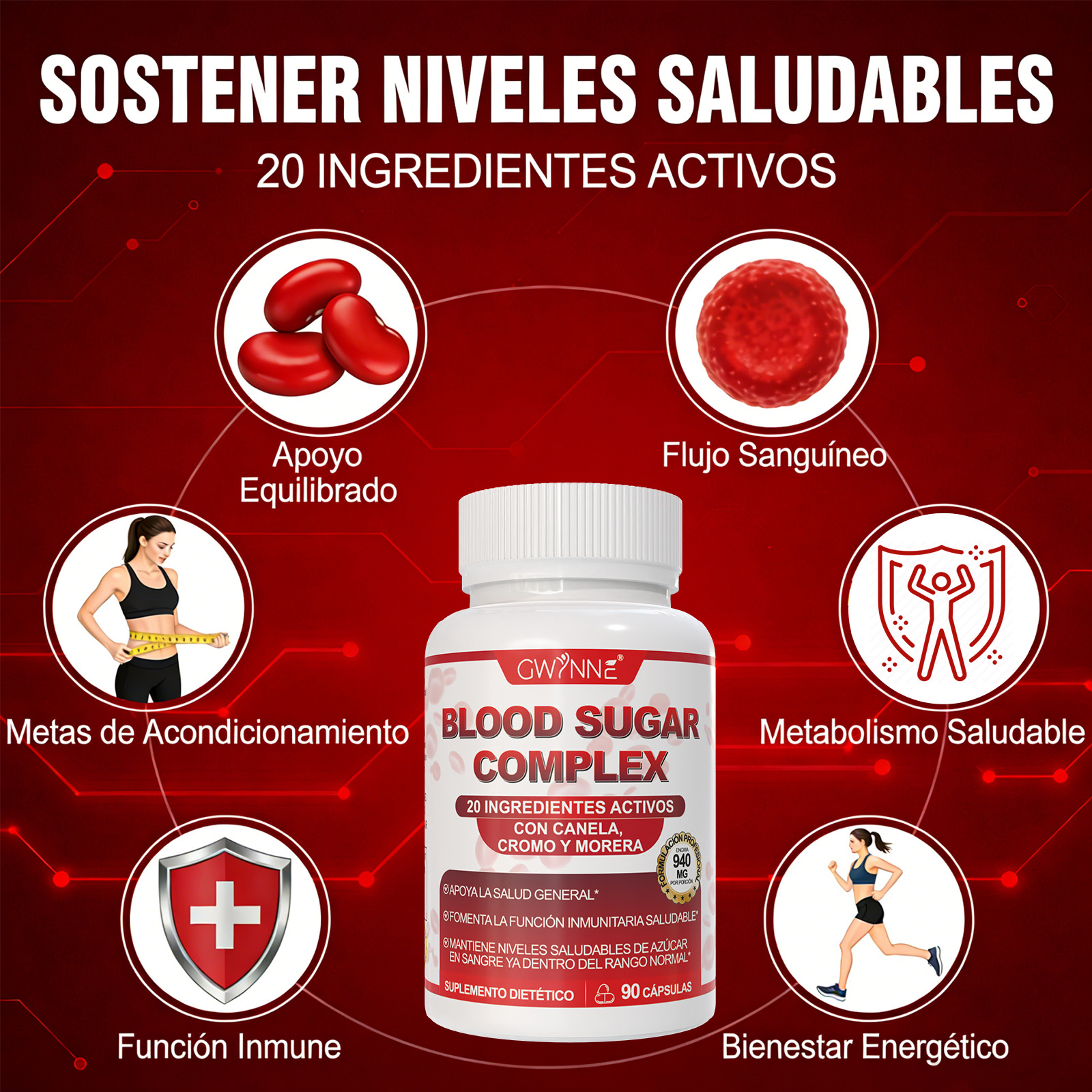 Gwynne Blood Sugar Complex Supplement,apoya Niveles Saludables De Azúcar En La Sangre,ya Dentro Del Rango Normal,con Vitaminac,e,biotina,magnesio,cromo,90 Capsules