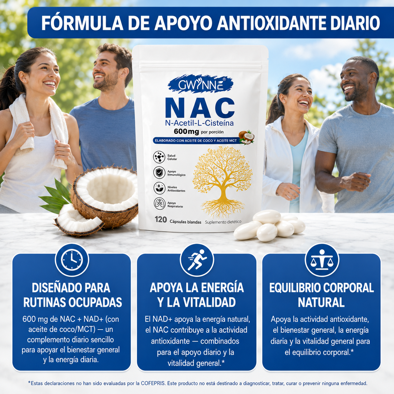 Gwynne Nac N-acetil-l-cisteína 600mg 120 Cápsulas, Con Dinucletido De Adenina Y Nicotinamida,apoyo Antioxidante,inmunológico Y Respiratorio