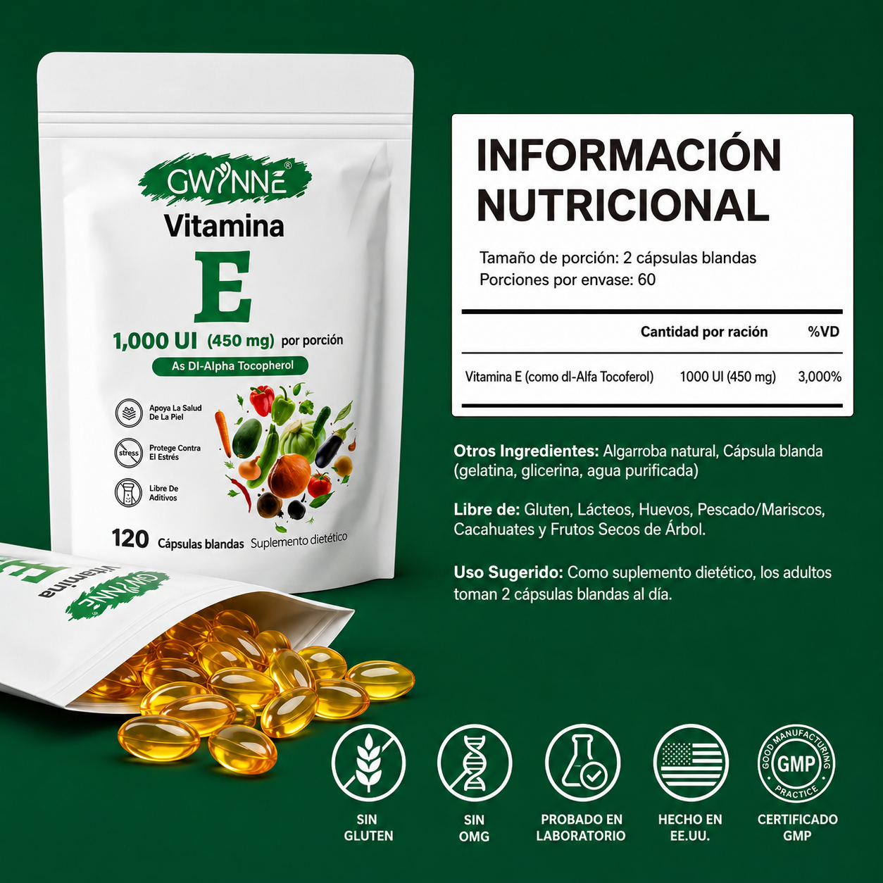 Gwynne Vitamina E 1000 Ui (450mg),as Dl-alpha Tocopherol, Apoyo Aliviar El Estrés,antioxidante Y Salud De La Piel,120 Cápsulas