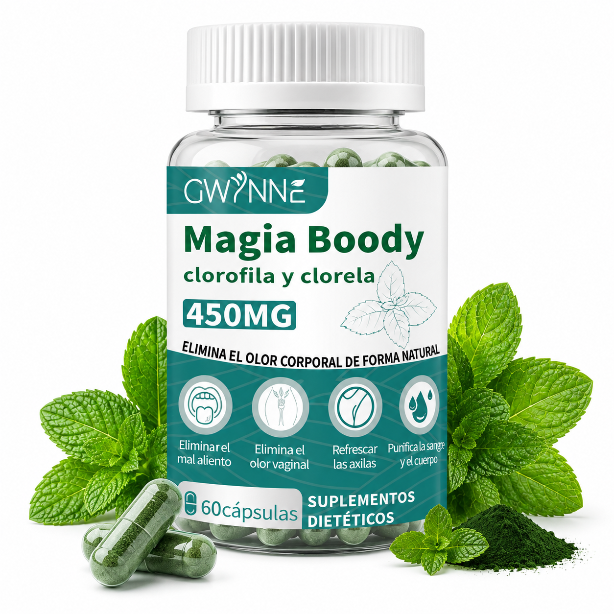 Gwynne Boody Magic Tabletas De Clorofila Natural Para El Olor Corporal Femenino Contiene 450 Mg De Clorofila Y Chlorella, Suplemento Desodorante Corporal Para Hombres Y Mujeres,60 Cápsulas