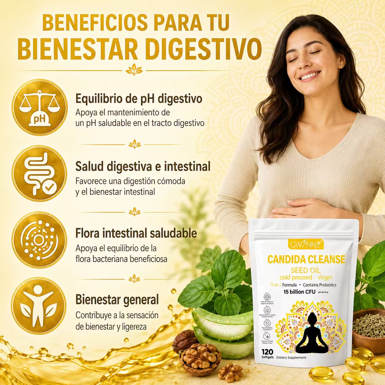 Gwynne Candida Cleanse Seed Oil 120 Cápsulas,hierbas Naturales Para La Desintoxicación Intestinal Con 15 Billion Cfu,11-in-1 Formula Con Hoja De Orégano,ácido Caprílico Y Probiotics
