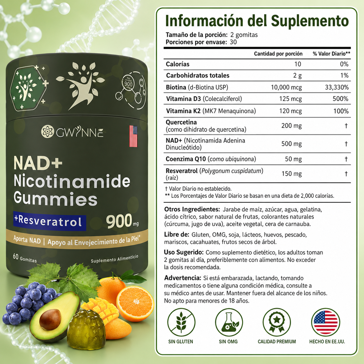 Gwynne Nicotinamida Ribosida Liposomal Con Resveratrol Y Quercetina Suplementos Nad Alta Pureza 900mg Contiene vitamina K2, D3 y quercetina 60 Gominolas