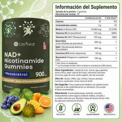 Gwynne Nicotinamida Ribosida Liposomal Con Resveratrol Y Quercetina Suplementos Nad Alta Pureza 900mg Contiene vitamina K2, D3 y quercetina 60 Gominolas