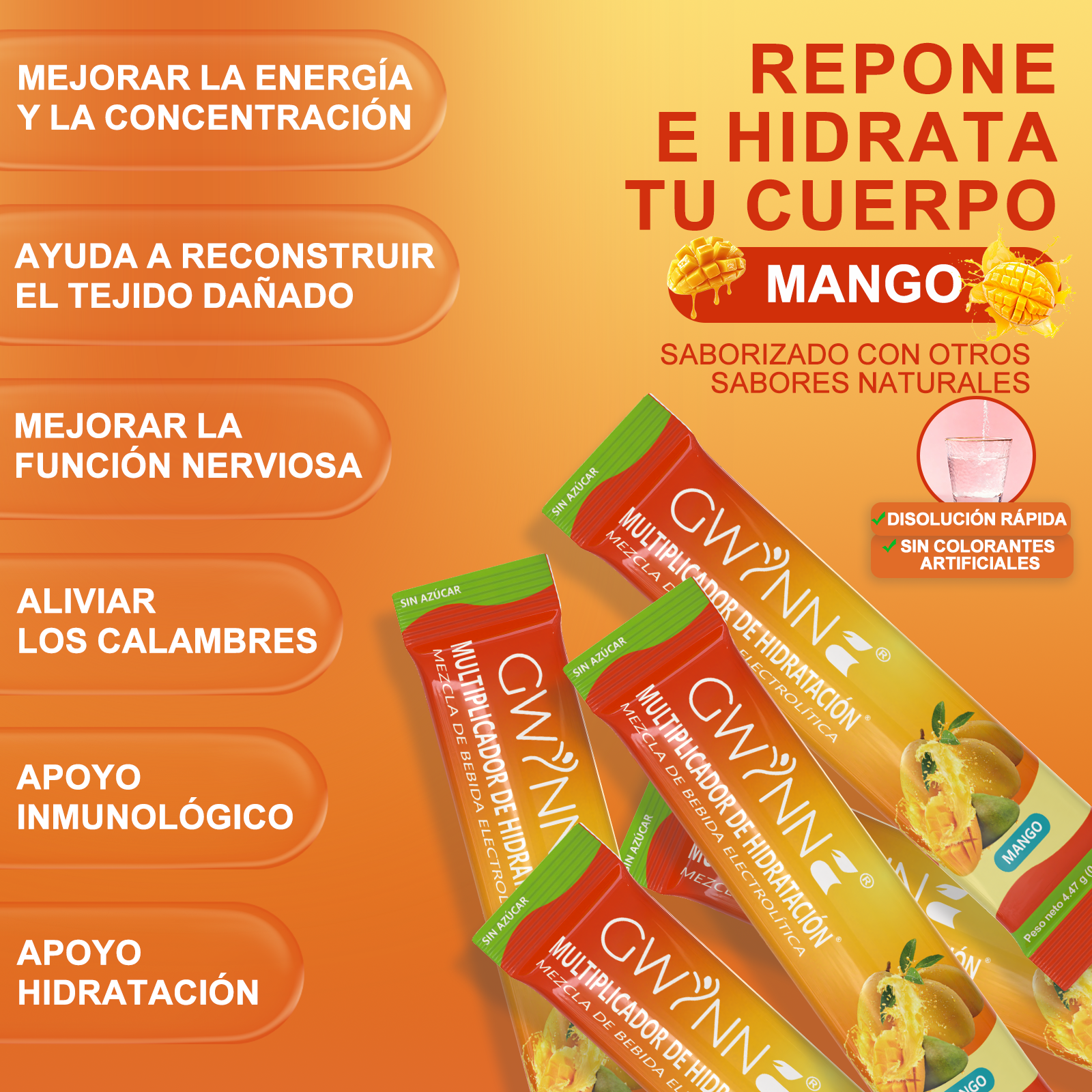 Gwynne Multiplicador De Hidratacion Mezcla De Bebida Electrolitica,supercalm Nutricional Bebidas Mixtas En Polvo Con Sodio ,vitamina C Y B12,sabor A Mango 20 Unidade
