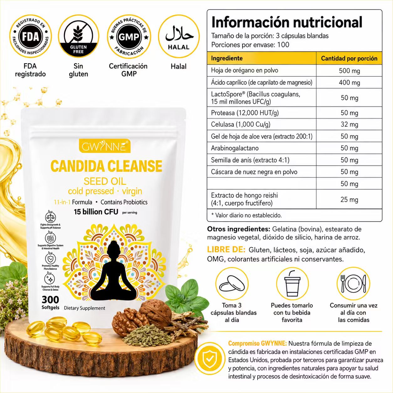 Gwynne Candida Cleanse Seed Oil Cápsulas,hierbas Naturales Para La Desintoxicación Intestinal Con 15 Billion Cfu,300 Cápsulas,11-in-1 Formula Con Hoja De Orégano,ácido Caprílico Y Probiotics