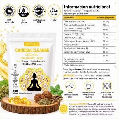 Gwynne Candida Cleanse Seed Oil Cápsulas,hierbas Naturales Para La Desintoxicación Intestinal Con 15 Billion Cfu,300 Cápsulas,11-in-1 Formula Con Hoja De Orégano,ácido Caprílico Y Probiotics