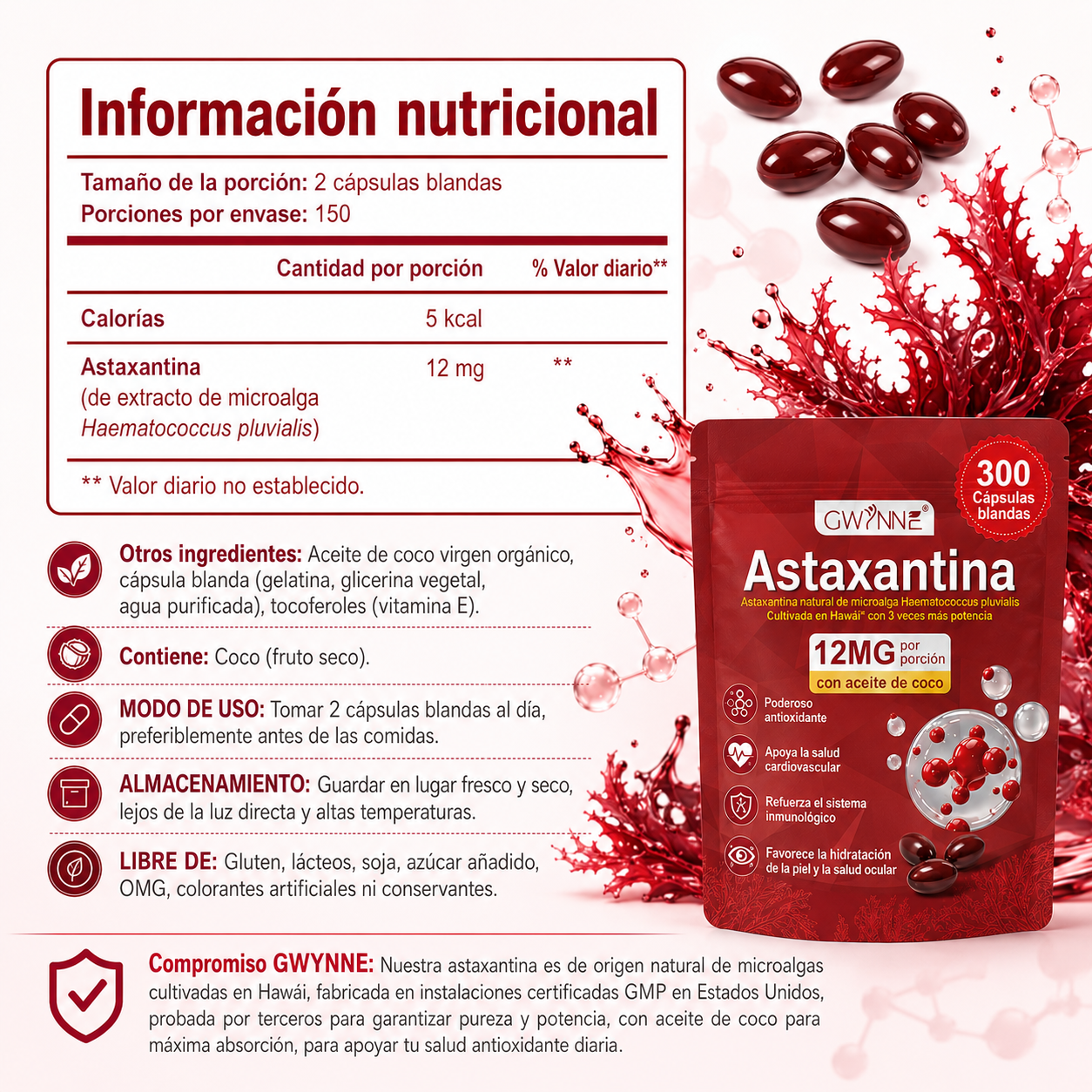 Gwynne Astaxantina 12 Mg 300 Cápsulas Blandas Antioxidante,astaxantina Antioxidant From Fresh Haematococcus Pluvialis,apoya La Salud Ocular, Articular Y Cutánea