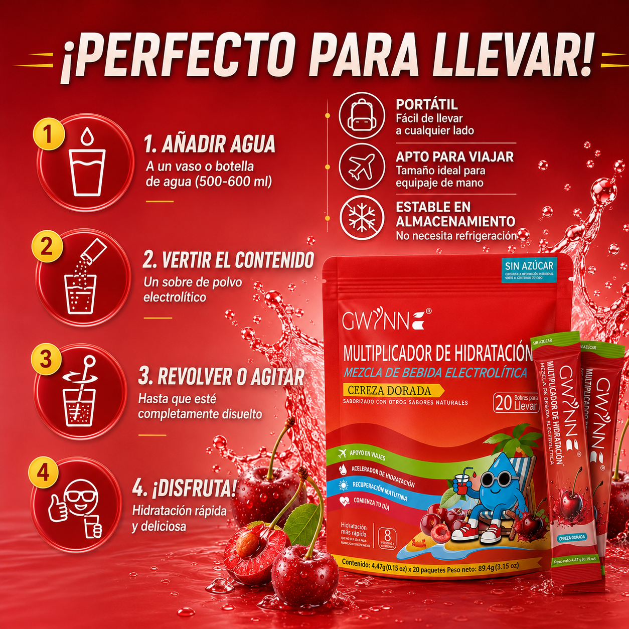 Gwynne Multiplicador De Hidratacion Mezcla De Bebida Electrolitica,supercalm Nutricional Bebidas Mixta En Polvo Con Sodio,vitamina C Y B12,sabor A Cereza 20 Unidade