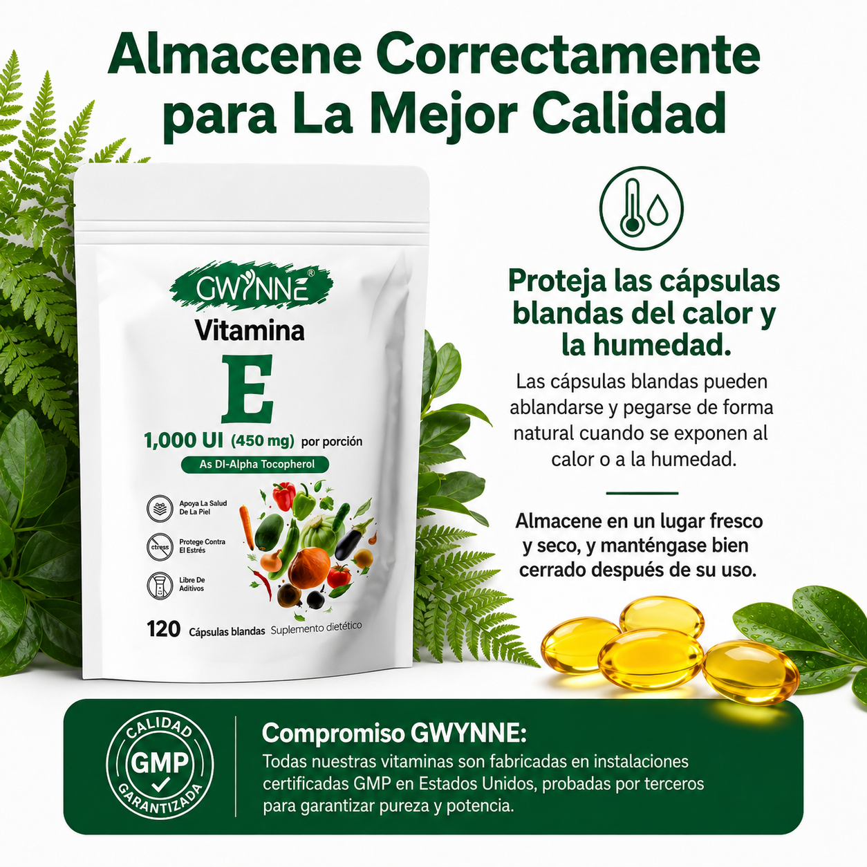 Gwynne Vitamina E 1000 Ui (450mg),as Dl-alpha Tocopherol, Apoyo Aliviar El Estrés,antioxidante Y Salud De La Piel,120 Cápsulas