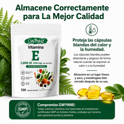 Gwynne Vitamina E 1000 Ui (450mg),as Dl-alpha Tocopherol, Apoyo Aliviar El Estrés,antioxidante Y Salud De La Piel,120 Cápsulas