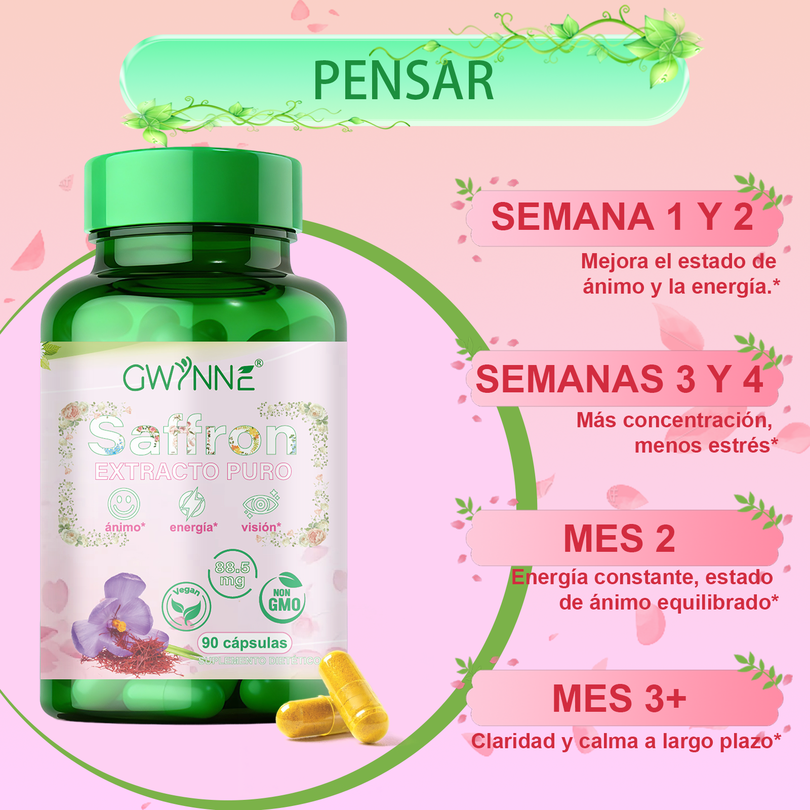 Gwynne Azafrán Puro Orgánico 88.5mg,extracto De Saffron Feliz Para Aumentar La Energía Y El Estado De Ánimo,apoyar La Salud Ocular,90 Cápsulas