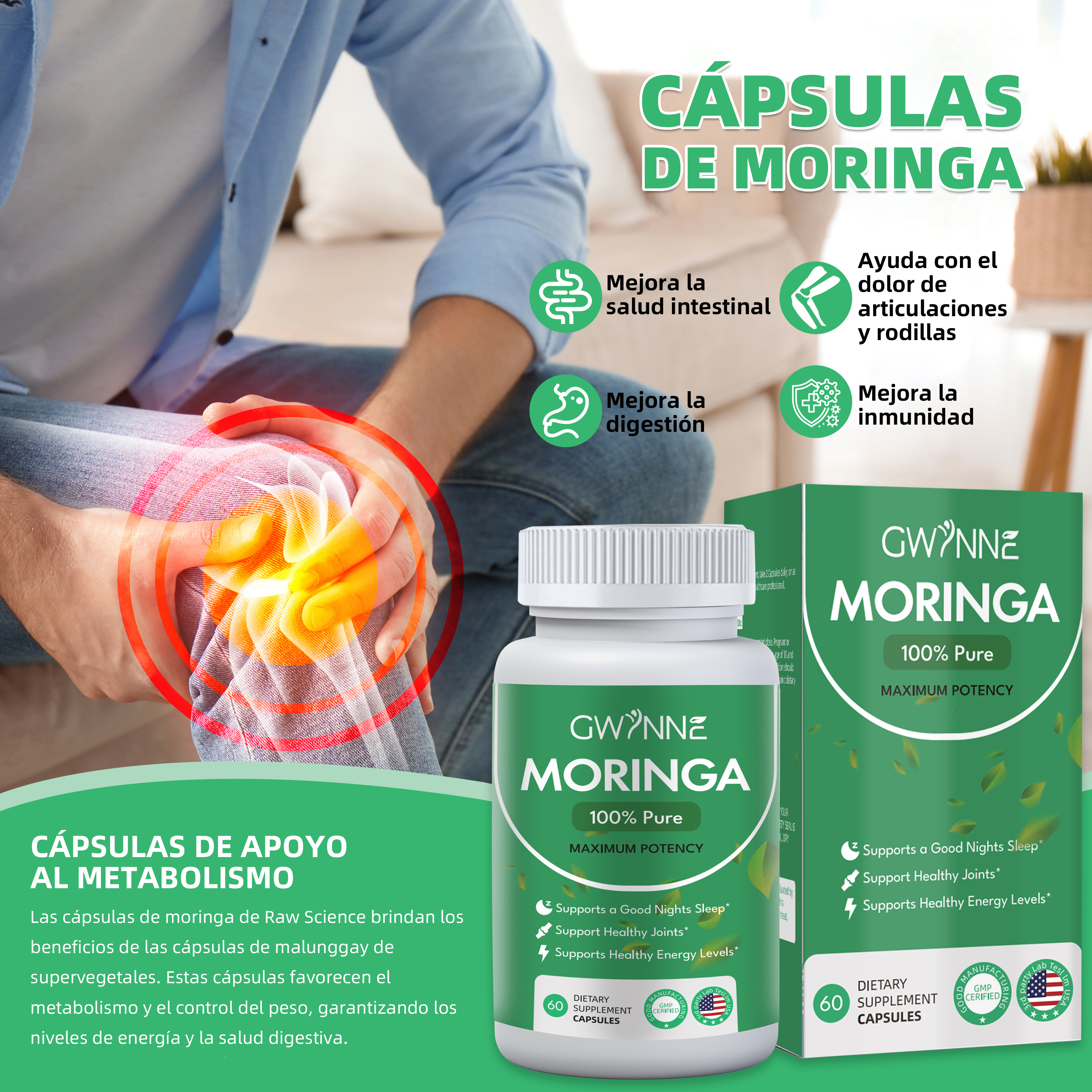60 Cápsulas Gwynne Moringa Super Alimento Verde Puro Frasco Con Sin Sabor