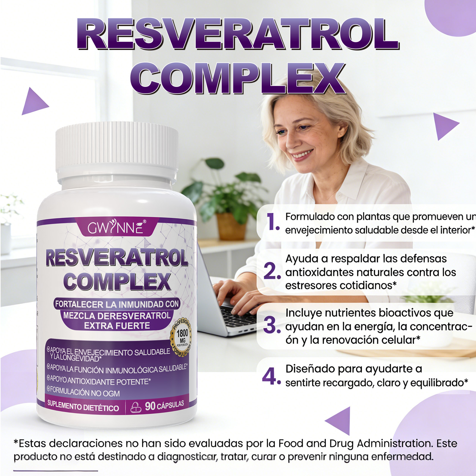 Gwynne Resveratrol Supplement 1800 Mg Complejo Antioxidante 90 Cápsulas,píldoras De Resveratrol Para Envejecimiento Saludable,apoyo A La Salud General,sistema Inmunológico,función Cerebral