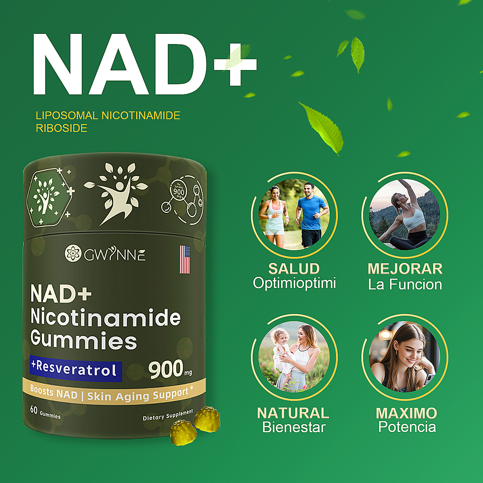 Gwynne Nad+ Suplemento Liposomal De Nicotinamida Ribosida Con Resveratrol Y Quercetina Y NAD 900mg 60 Gominolas
