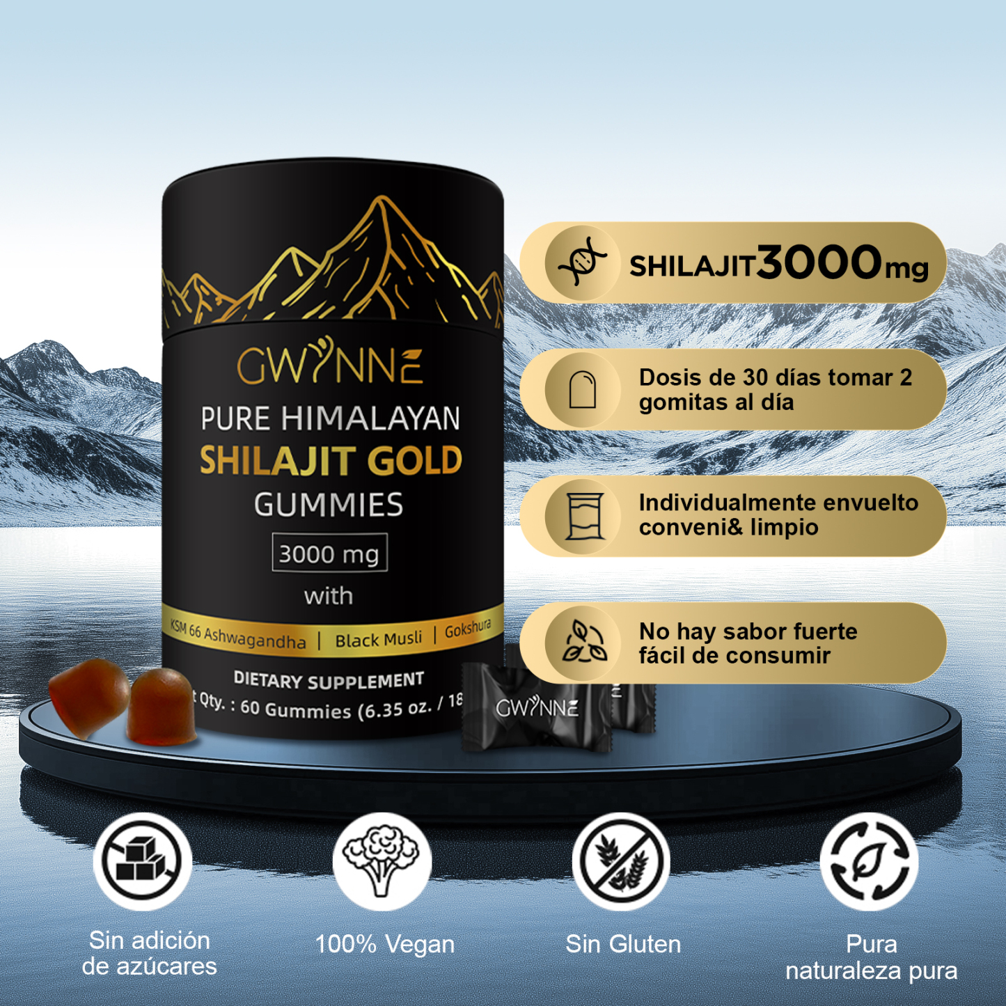 Gwynne Shilajit Gummies Puro Del Himalaya 85 Micronutrientes 3000mg Apto Para Hombres Y Mujeres 100% Natural Orgánico 60 Gommies