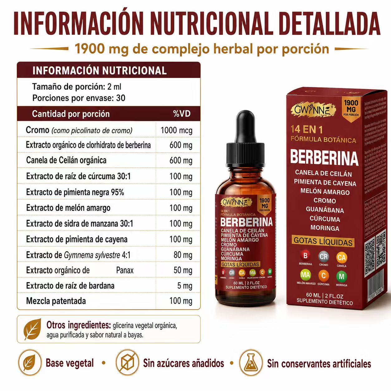 GWYNNE Suplemento Dietético Gotas Líquidas de Berberina 60ml 14 en 1 Fórmula 1900 mg,con Pimienta Cayenne,Canela de Ceilán,Melón Amargo,Cúrcuma y Moringa