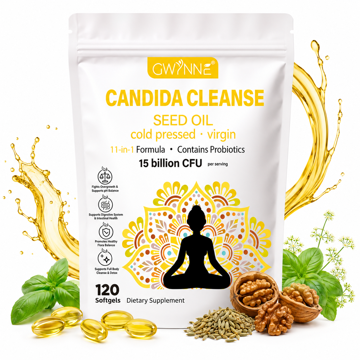 Gwynne Candida Cleanse Seed Oil 120 Cápsulas,hierbas Naturales Para La Desintoxicación Intestinal Con 15 Billion Cfu,11-in-1 Formula Con Hoja De Orégano,ácido Caprílico Y Probiotics